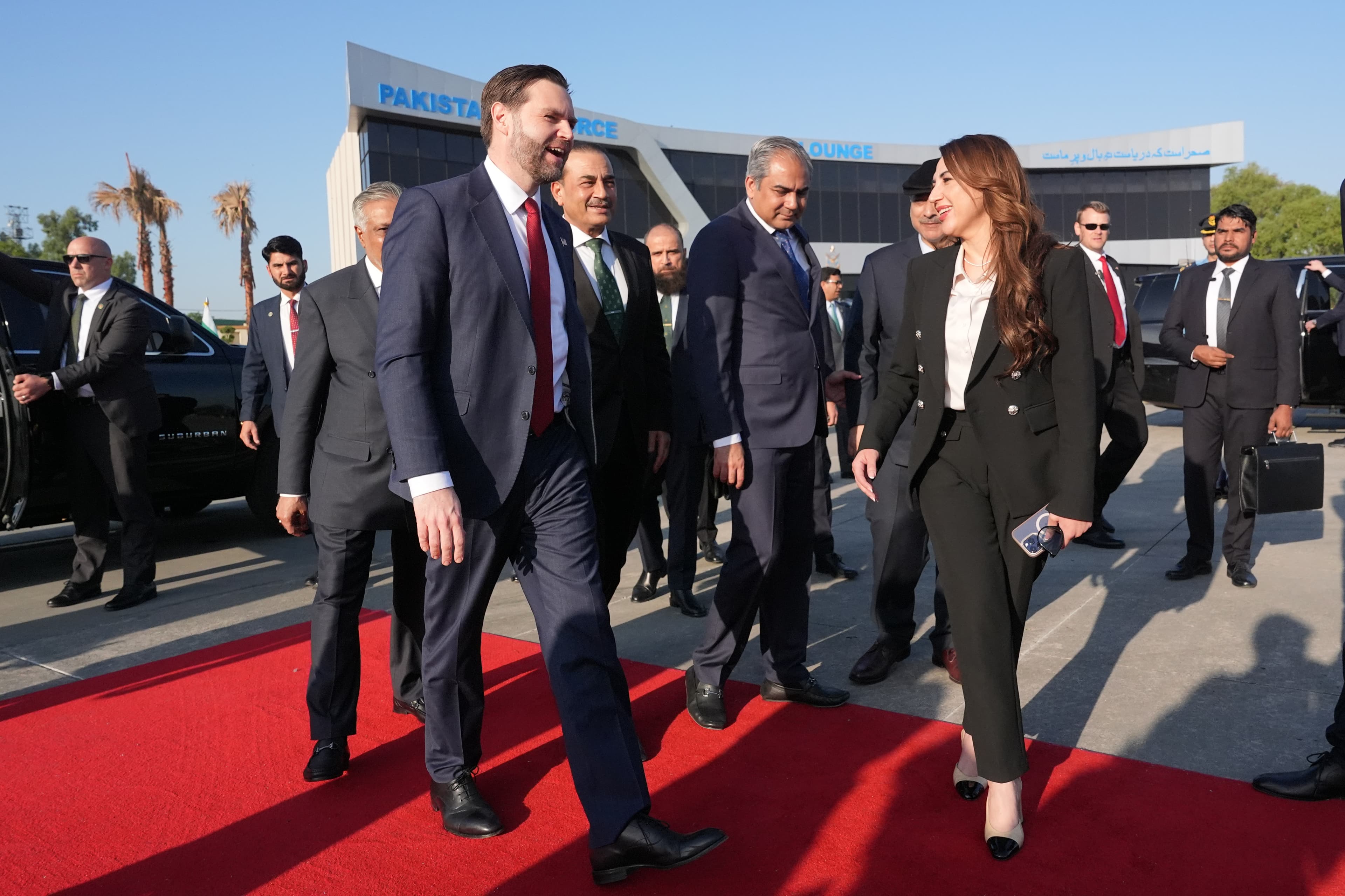 Vice President Vance walks with Pakistan’s deputy prime minister and foreign minister and other officials after attending talks on Iran at Islamabad, Pakistan, on April 12, 2026. Vice President Vance walks with Pakistan’s deputy prime minister and foreign minister and other officials after attending talks on Iran at Islamabad, Pakistan, on April 12, 2026.