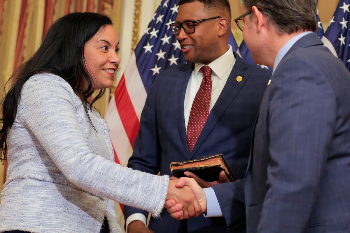 Heather Diehl/Getty Images Congresswoman Analilia Mejia, seen here at her swearing-in at the Capitol on April 20, 2026, is co-sponsoring a bill to boost the federal minimum wage to $15 an hour.