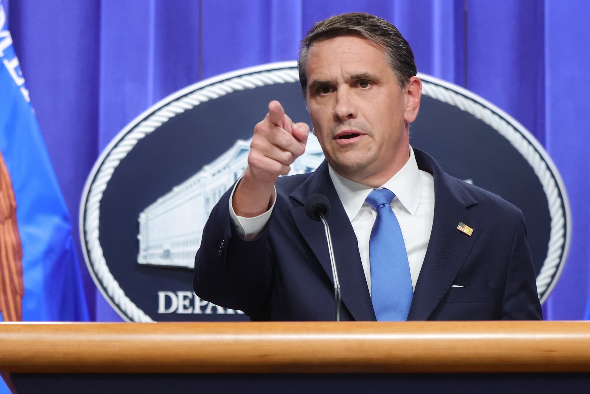 Anna Moneymaker/Getty Images The acting attorney general, Todd Blanche, conducts a news conference at the Department of Justice on April 21, 2026.
