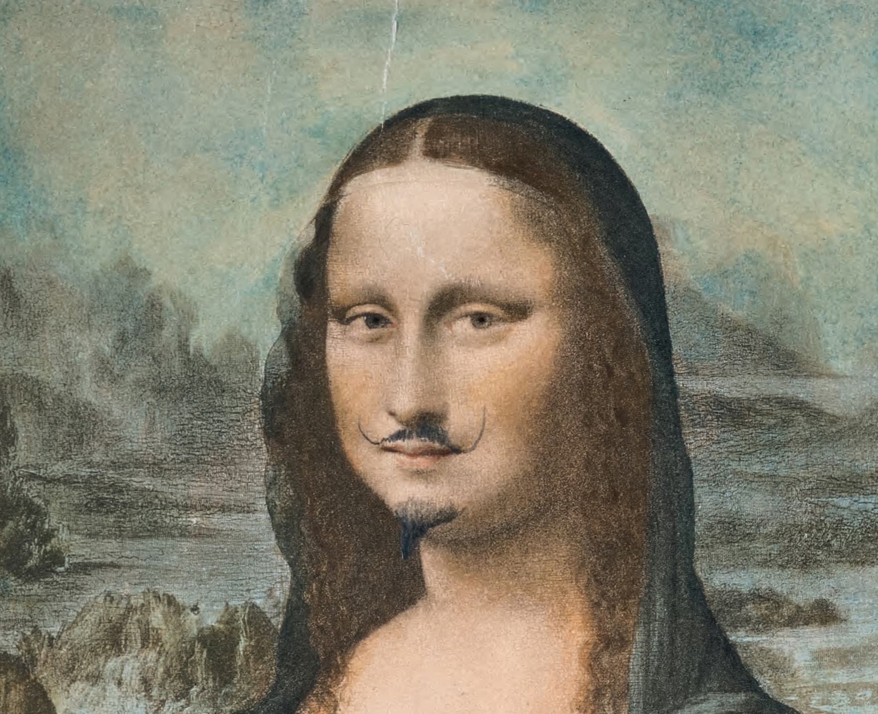 The Museum of Modern Art via private collection 'L.H.O.O.Q' by Marcel Duchamp. Pencil on reproduction of Leonardo da Vinci’s 'Mona Lisa.' Detail.