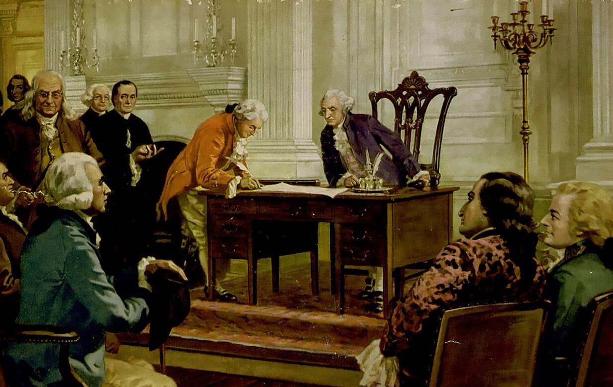 Via Wikimedia Commons Ben Franklin, left, and other Framers at the Constitutional Convention in Henry Hintermeister's 'Foundation of the American Government,' detail.