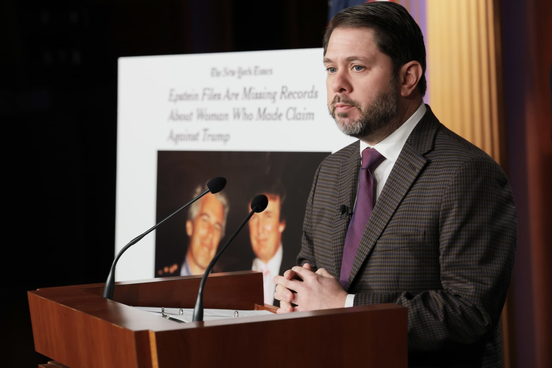 Anna Moneymaker/Getty Images Senator Ruben Gallego speaks during a news conference on the Epstein Files on Capitol Hill on February 26, 2026.