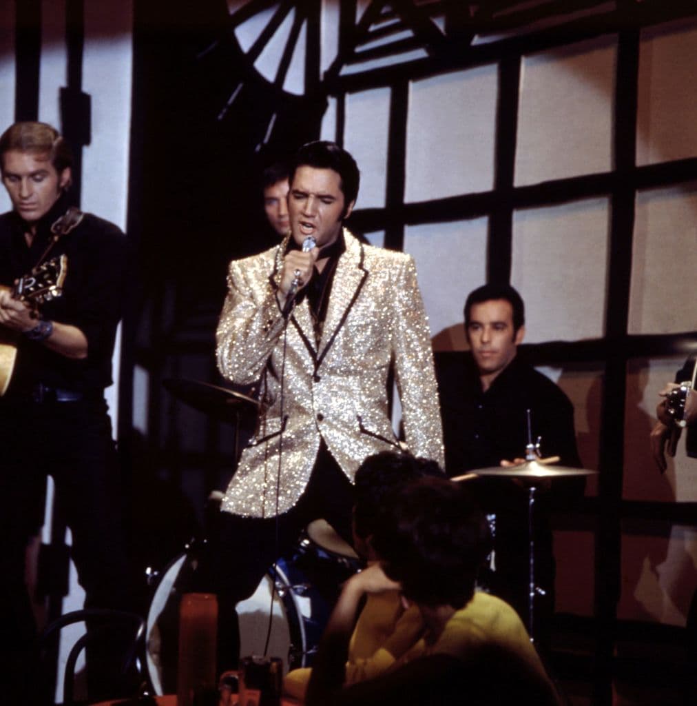 Michael Ochs Archives/Getty Images Elvis Presley performing on his comeback TV special in June 1968 in California.