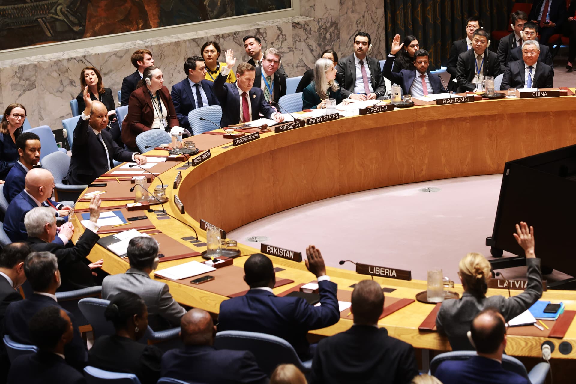 Spencer Platt/Getty Images United Nations members vote at a Security Council meeting on March 12, 2026, to consider sanctions on Iran following that nation’s attacks on neighboring countries.