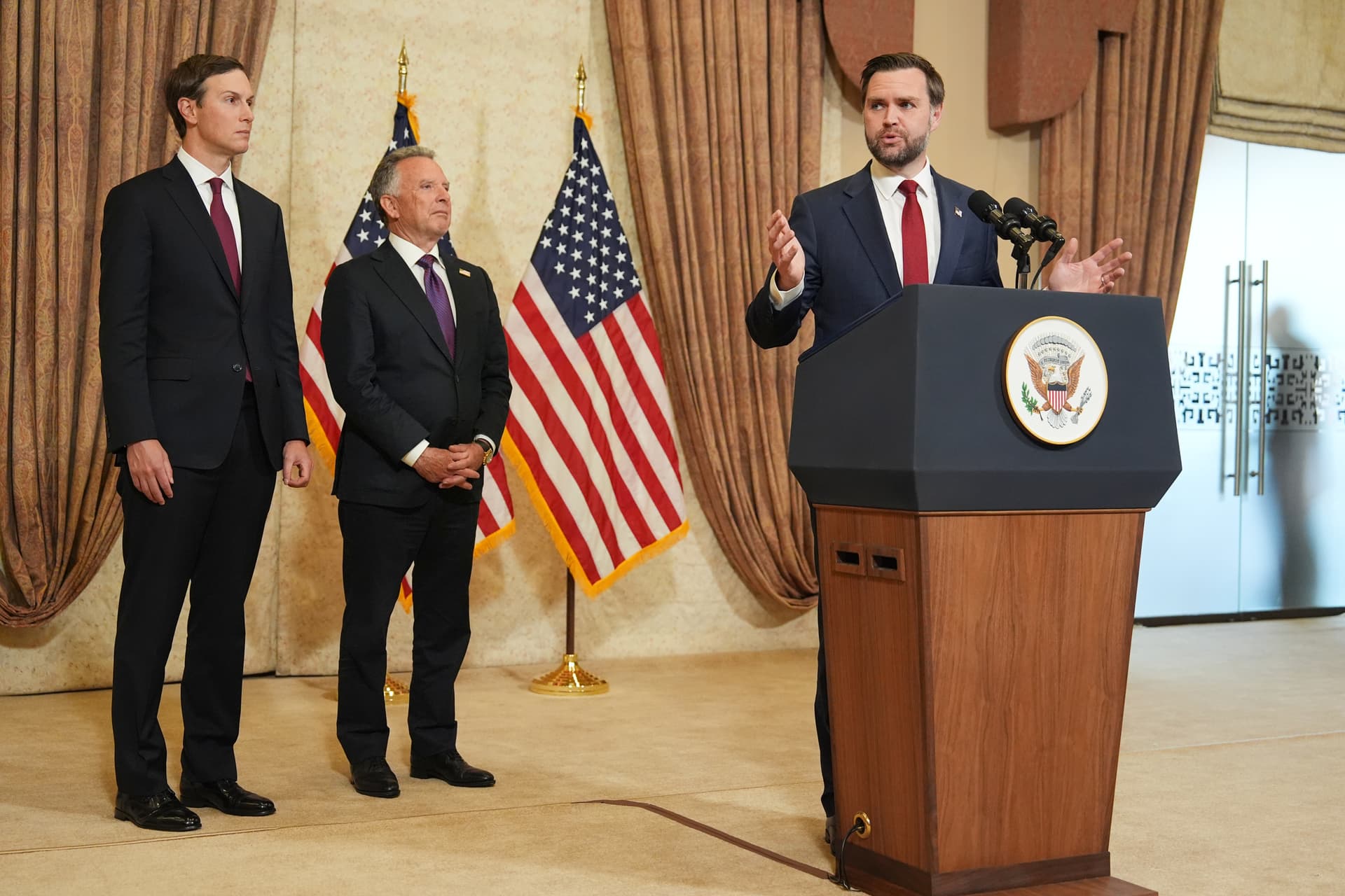 Jacquelyn Martin/Getty Images Vice President JD Vance speaks as Jared Kushner (L) and Steve Witkoff, Special Envoy for Peace Missions, listen during a news conference after a meeting with representatives from Pakistan and Iran on April 12, 2026 in Islamabad, Pakistan.