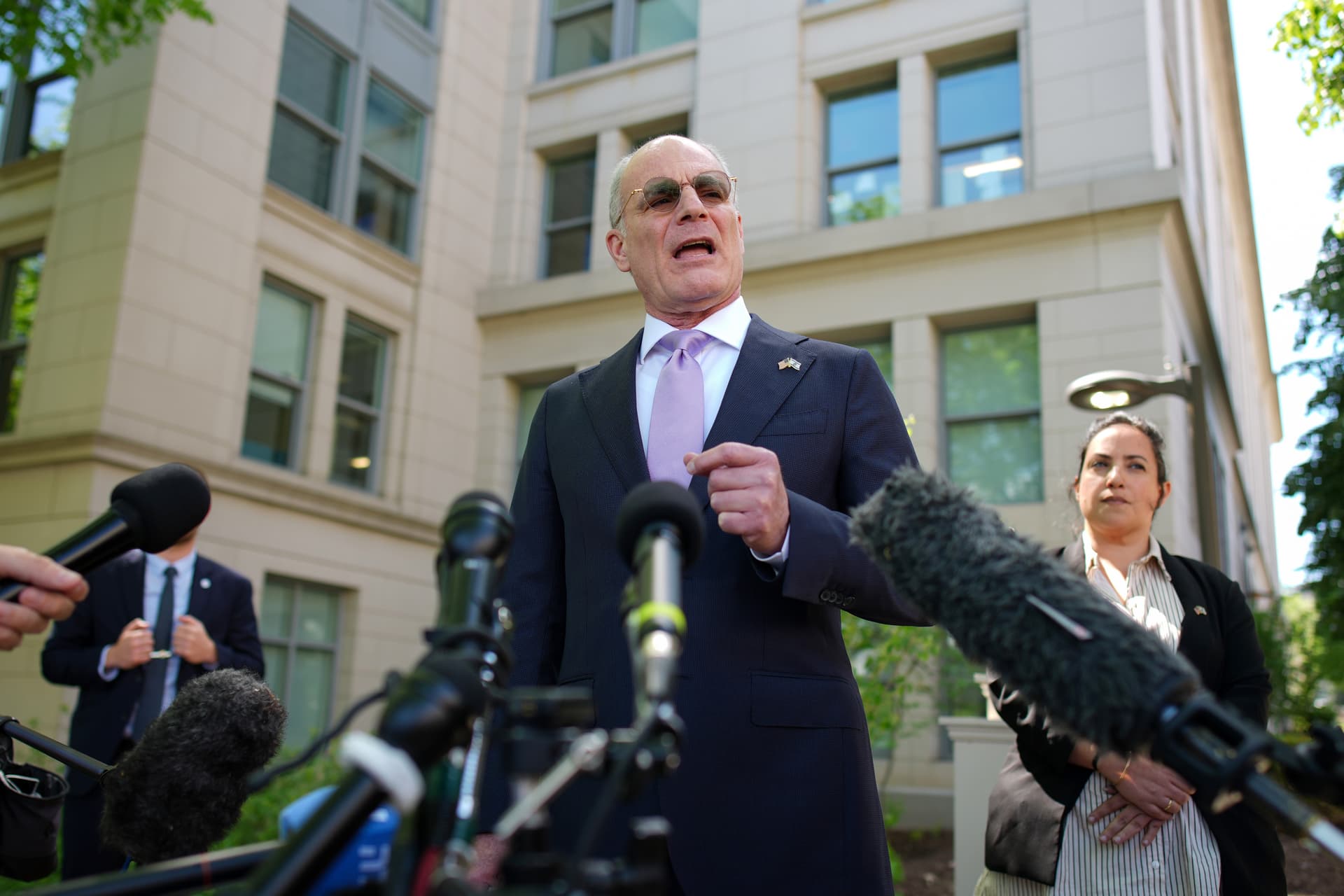 Andrew Harnik/Getty Images Israel’s ambassador to America, Yechiel Leiter, speaks to reporters outside the State Department following talks with Secretary of State Marco Rubio and his Lebanese counterpart, Nada Hamadeh Moawad, on April 14, 2026.