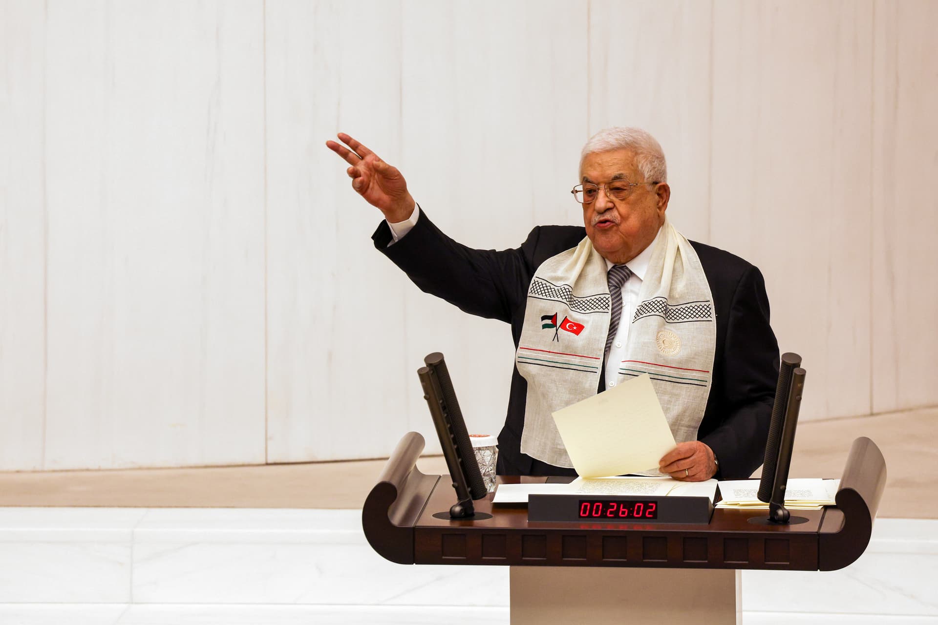Serdar Ozsoy/Getty Images President Mahmoud Abbas of the Palestinian Authority addresses the Turkish parliament at Ankara, Turkey, on August 15, 2024.