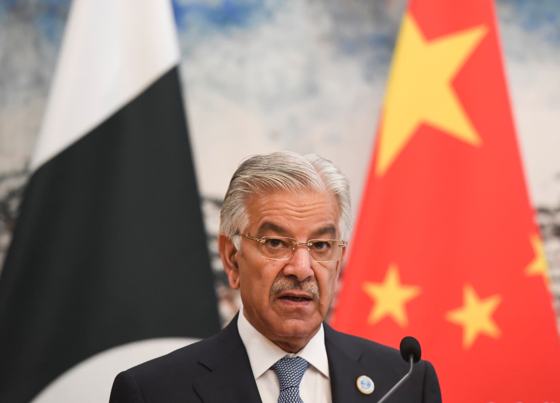 Madoka Ikegami-Pool/Getty Images Pakistan’s foreign minister, Khawaja Muhammad Asif, speaks at a news conference at Beijing, China on April 23, 2018.