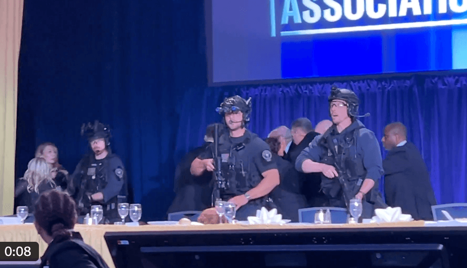 Via X First Lady Melania Trump and President Trump are rushed out of the annual White House Correspondents' Association Dinner as shots fired, April 25, 2026.