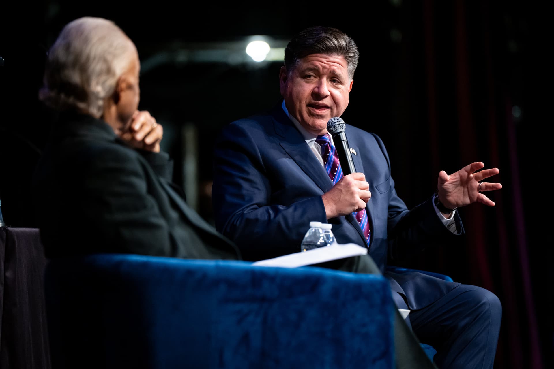 Angelina Katsanis/AP Governor J.B. Pritzker of Illinois participates in a ‘fireside chat’ with the Reverend Al Sharpton during the National Action Network Convention at New York on April 9, 2026.