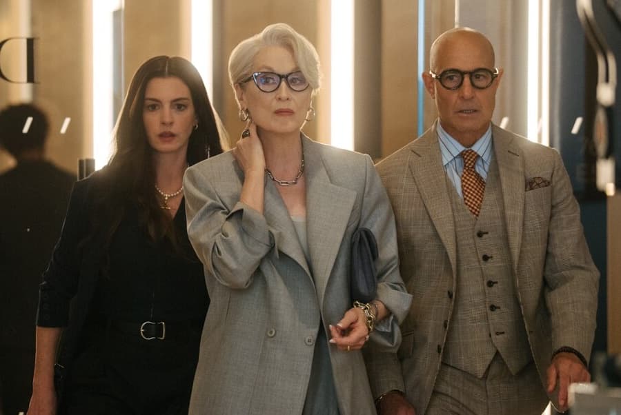 Photo by Macall Polay. Courtesy of 20th Century Studios Anne Hathaway, Meryl Streep, and Stanley Tucci in 'The Devil Wears Prada 2.'