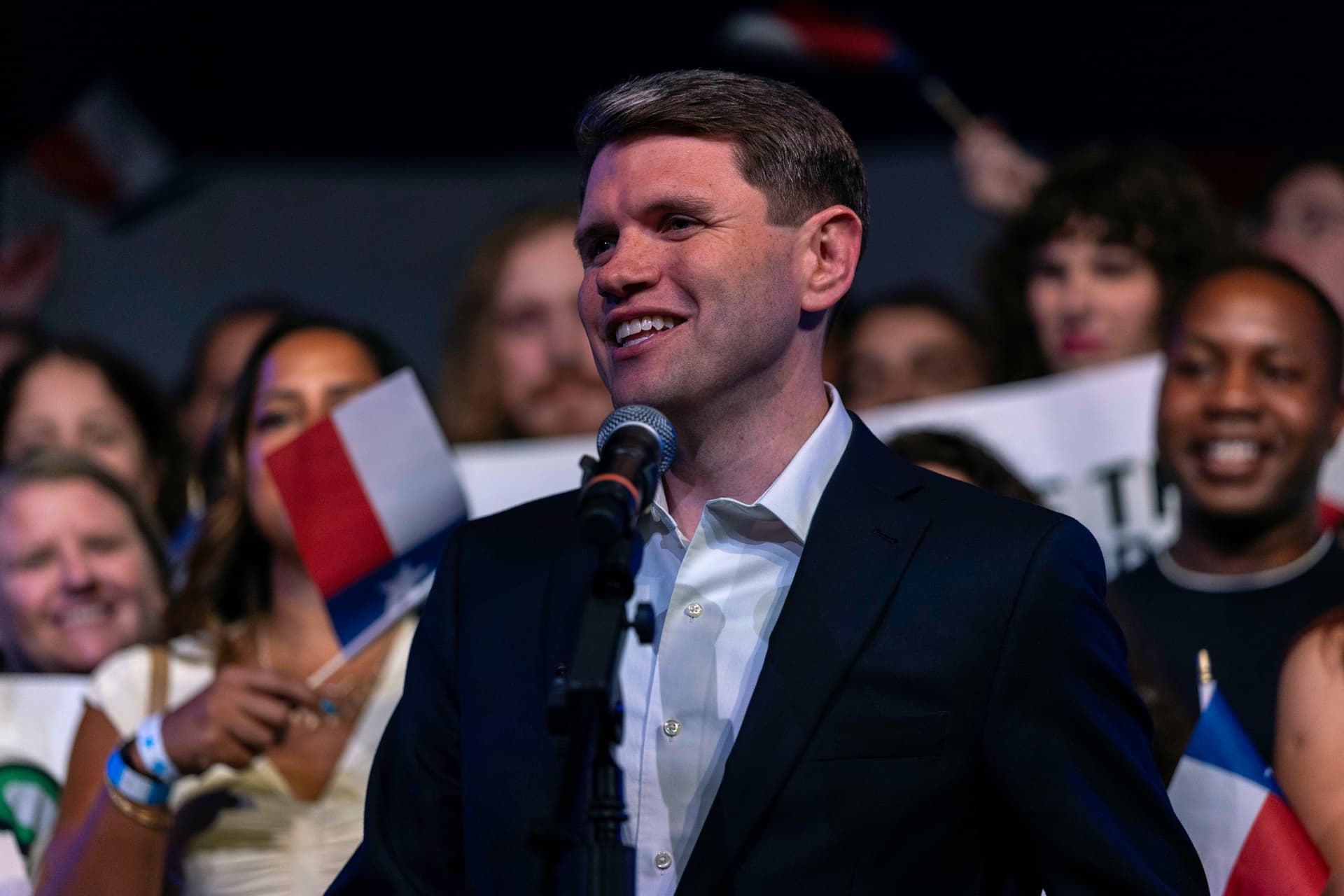 John Moore/Getty Images A Texas Senate candidate, James Talarico, addresses supporters on primary election night at Austin, Texas, on March 3, 2026.