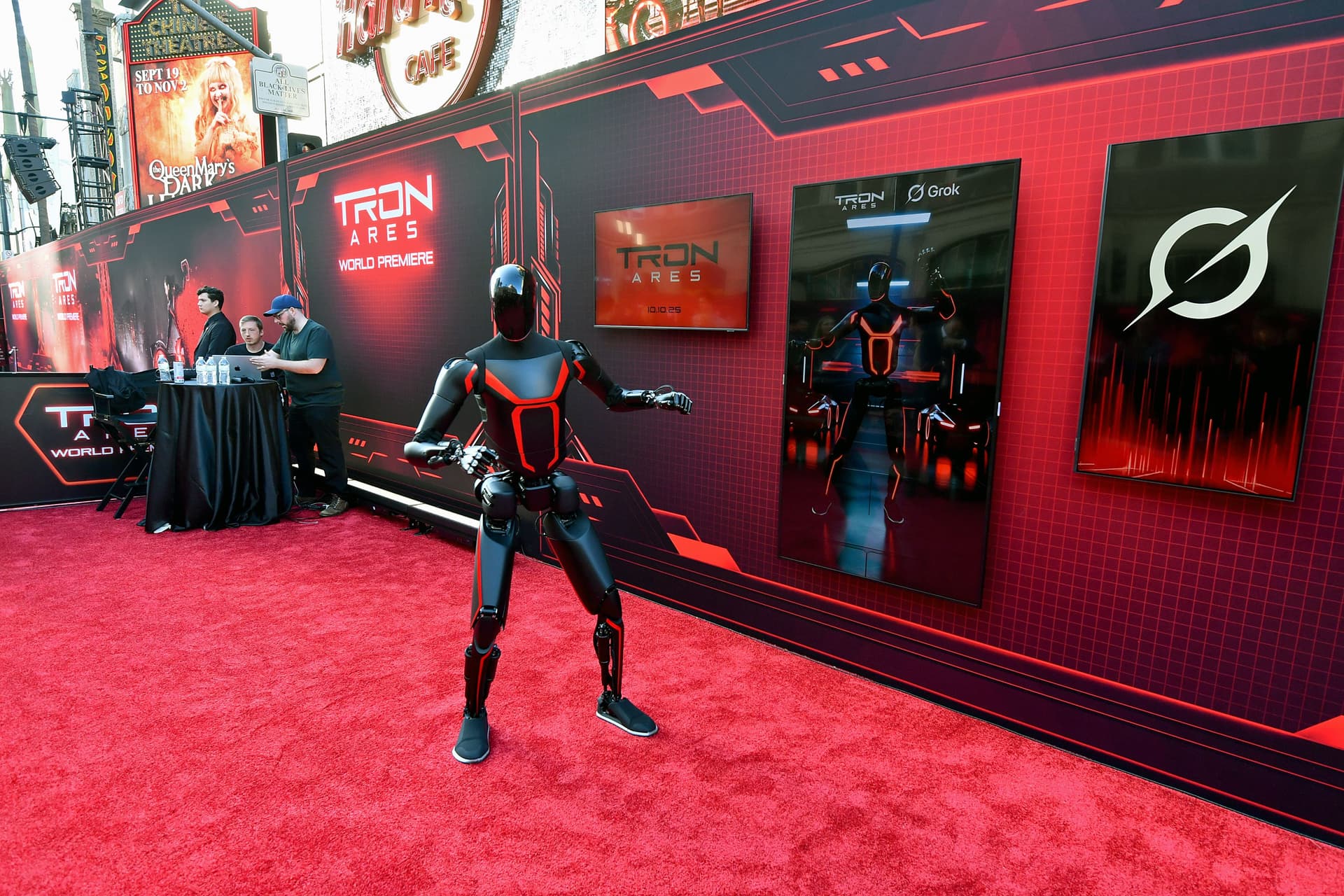 Alberto E. Rodriguez/Getty Images A Tesla robot is displayed during the World Premiere of Disney's Tron: Ares at Hollywood, California, on October 6, 2025.