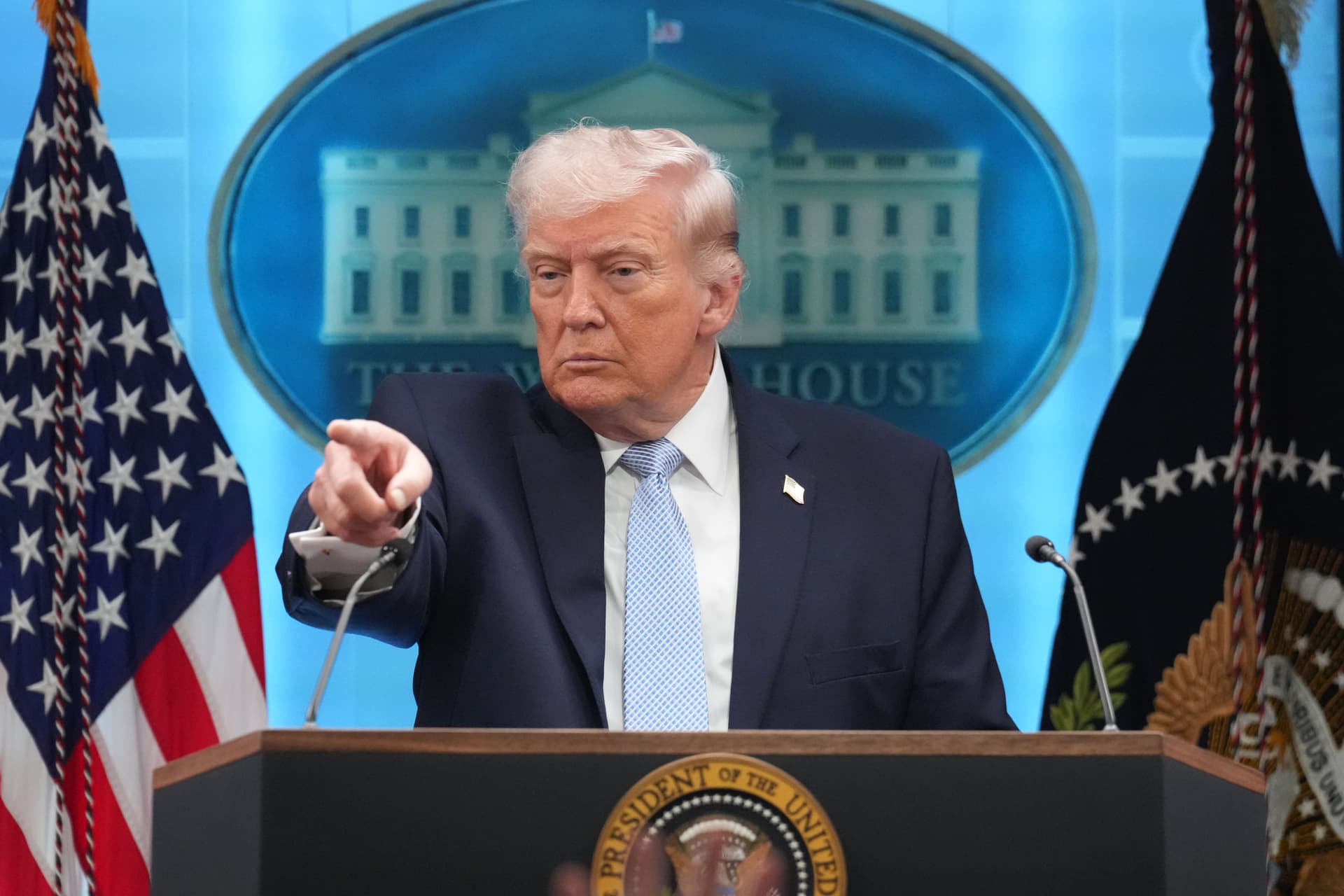 Mark Schiefelbein/AP President Trump speaks with reporters during a news conference at the White House on April 6, 2026.