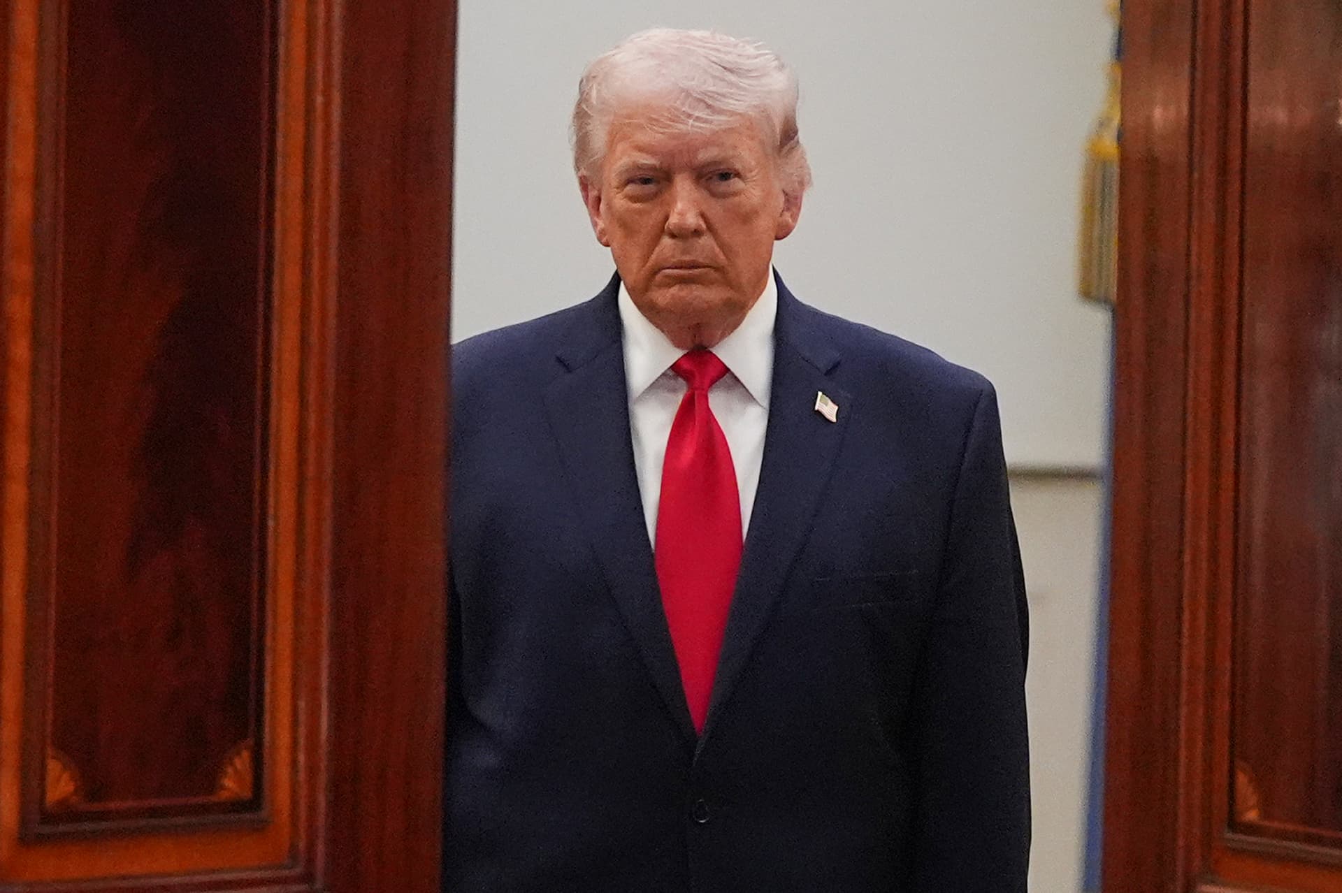 Alex Brandon, Pool via AP President Trump arrives from the Blue Room to speak about the Iran war at the White House on April 1, 2026.