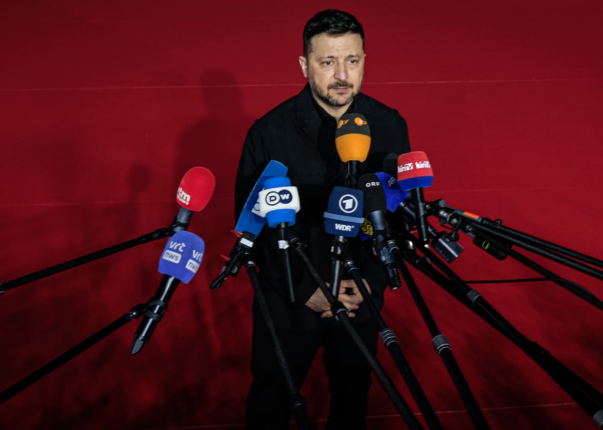 Byron Smith/Getty Images President Volodymyr Zelenskyy of Ukraine addresses the press at a meeting of European Union leaders at Ayia Napa, Cyprus, on April 23, 2026.
