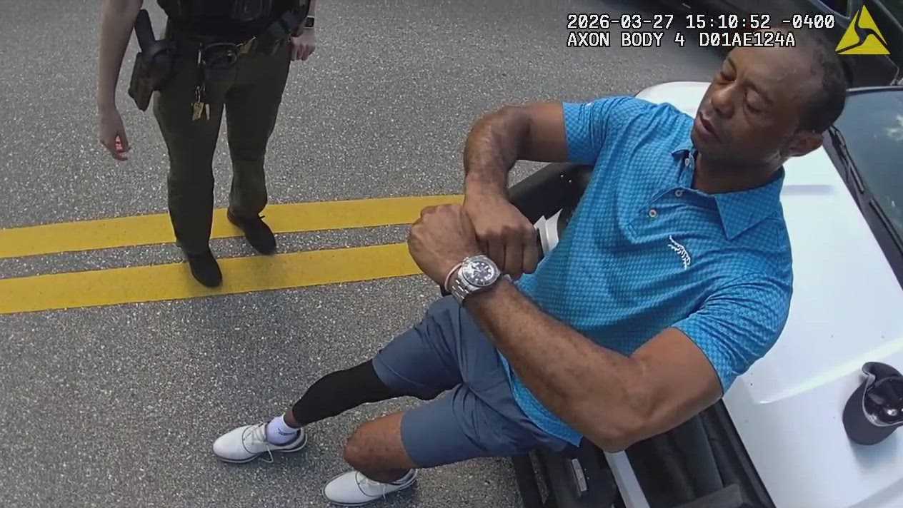 Via Martin County Sheriff's Office Tiger Woods is interviewed by officers before he's arrested for DUI following a rollover crash on Jupiter Island, Florida, last Friday.