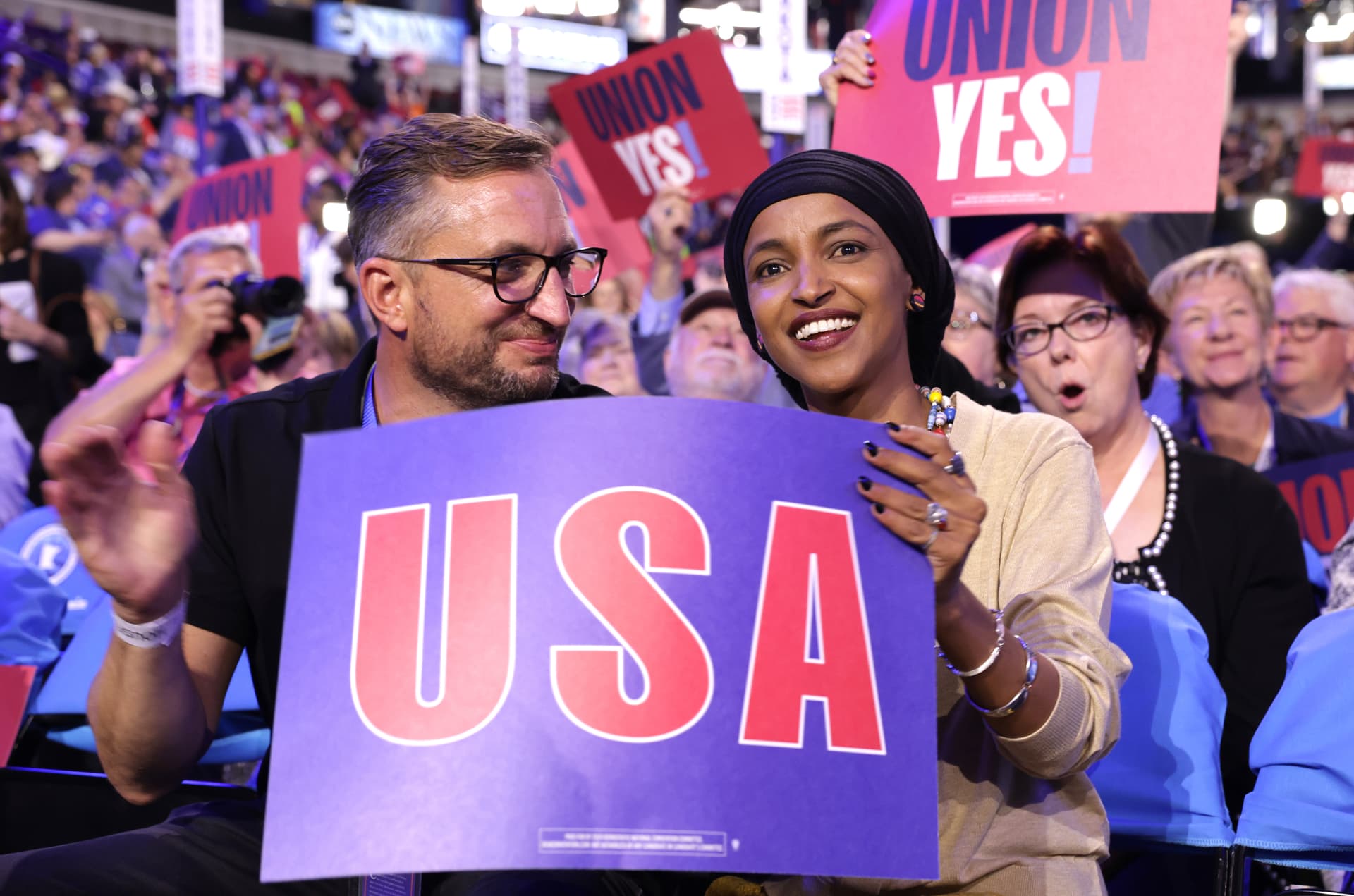 Getty Images
Congresswoman Ilhan Omar sits with husband Tim Mynett during the first day of the Democratic National Convention at the United Center on August 19, 2024 in Chicago, Illinois.