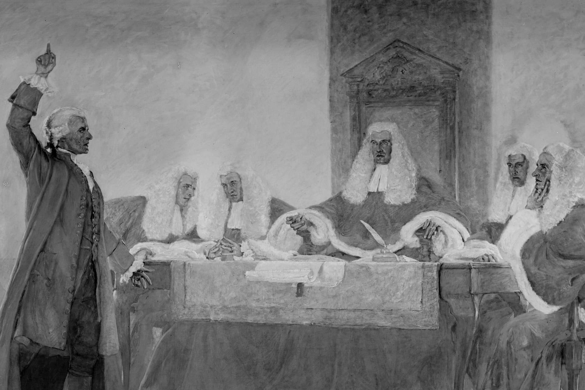 Digital Commonwealth Lawyer James Otis arguing in 1761 against sweeping British search warrants, in a detail of a mural in Massachusetts' State House.