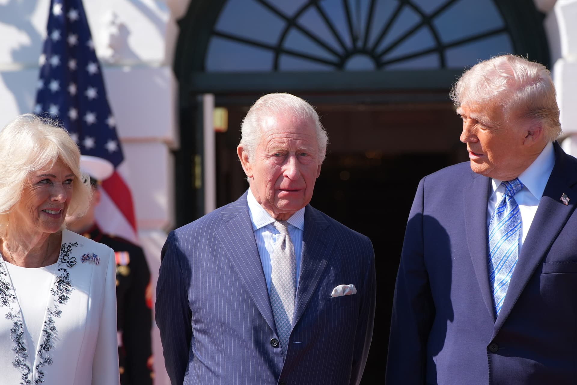 AP/Alex Brandon President Trump and first lady Melania Trump greet Britain's King Charles III and Queen Camilla as they arrive at the White House, April 27, 2026, in Washington.