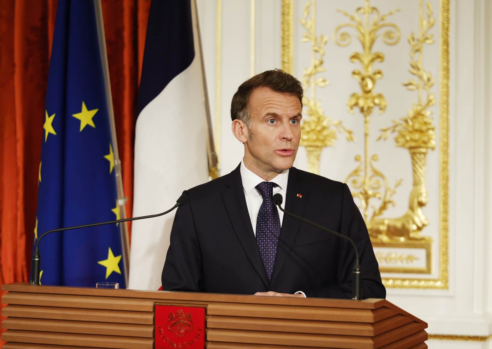 Franck Robichon/pool via AP) President Emmanuel Macron at Tokyo, April 1, 2026.