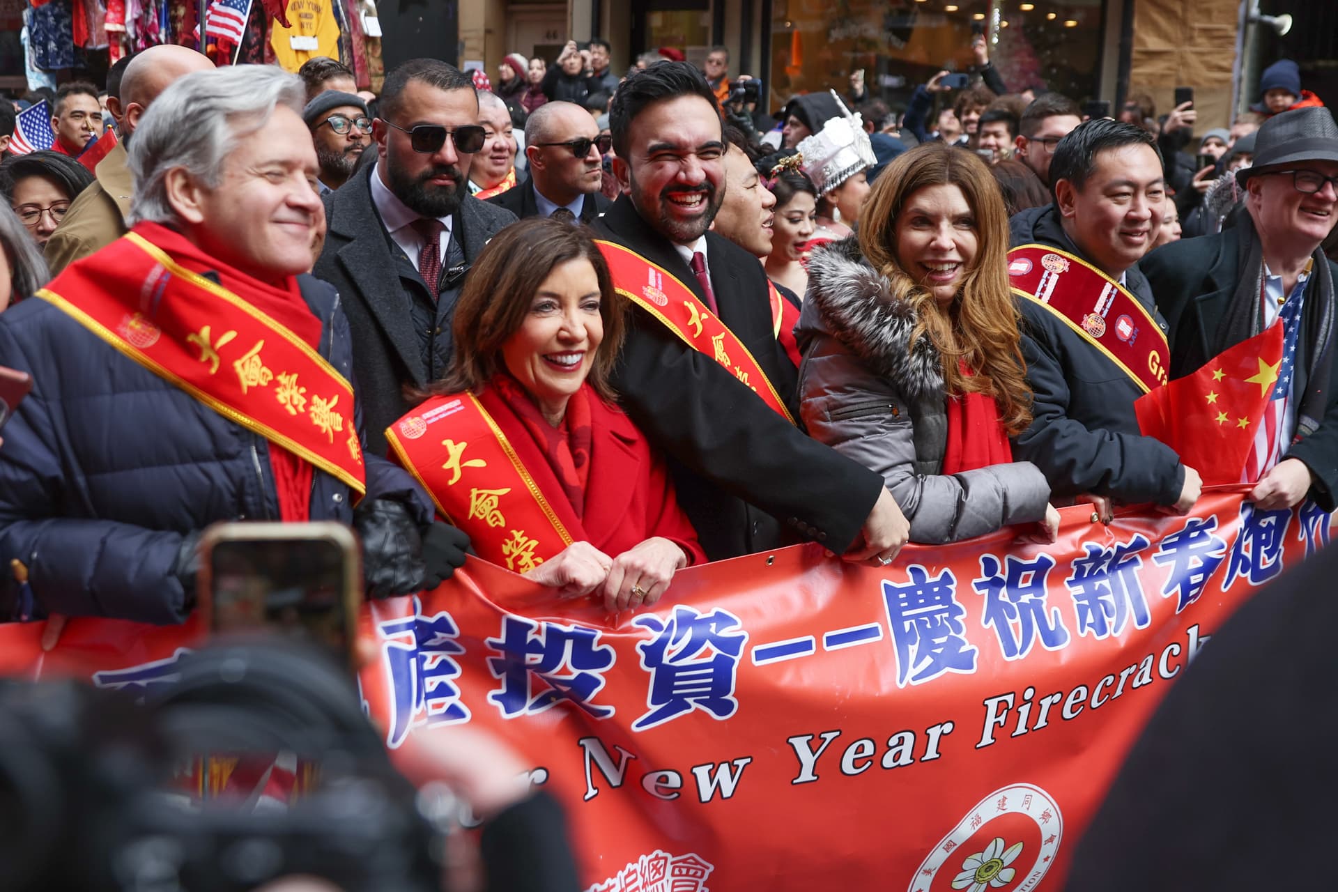 AP/Heather Khalifa Mayor Zohran Mamdani, center, Governor Kathy Hochul, left, and City Council speaker Julie Menin, right, attend the Chinatown Lunar New Year Parade, March 1, 2026, in New York.