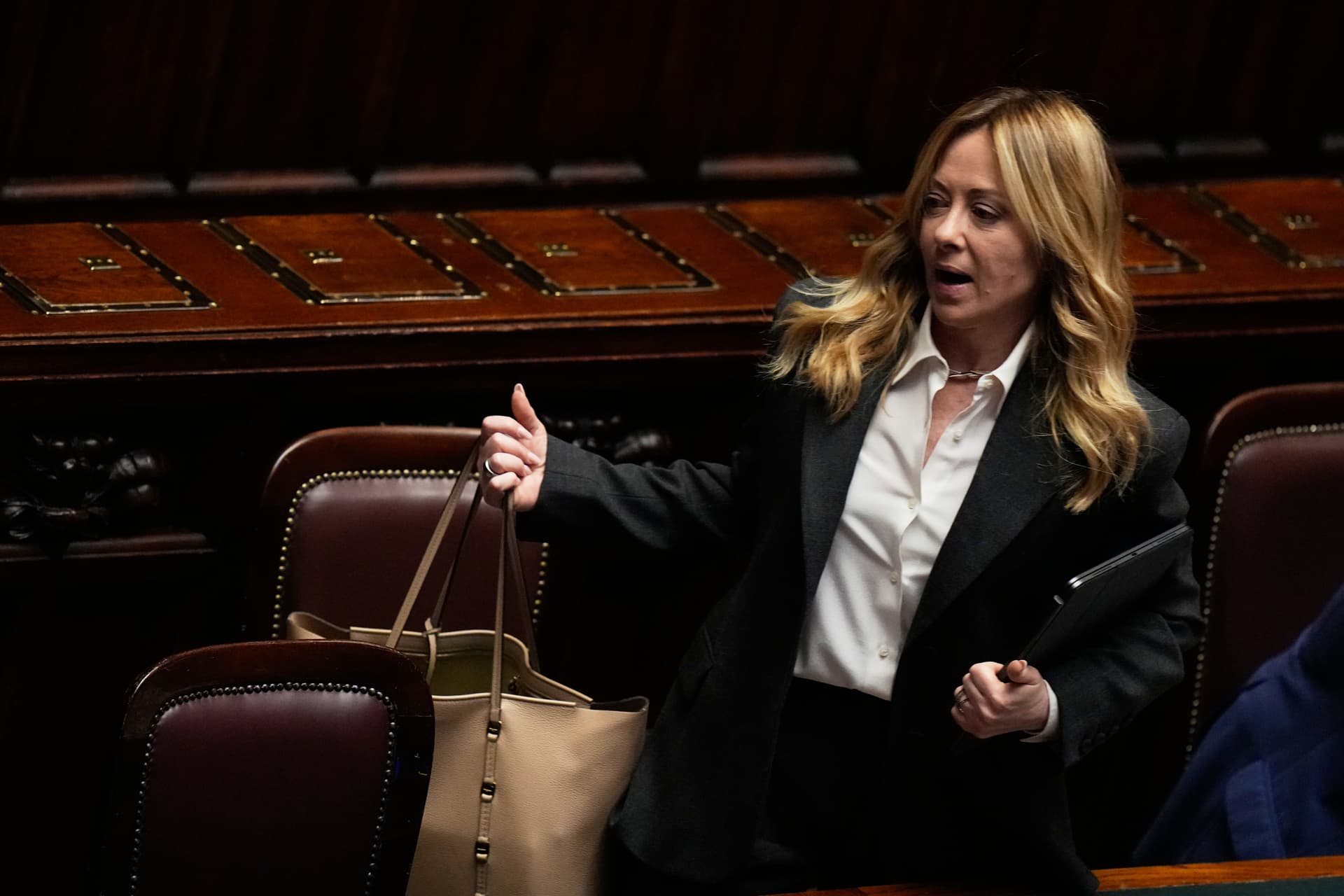 AP/Alessandra Tarantino Prime Minister Giorgia Meloni leaves the lower chamber of parliament at Rome, April 9, 2026.