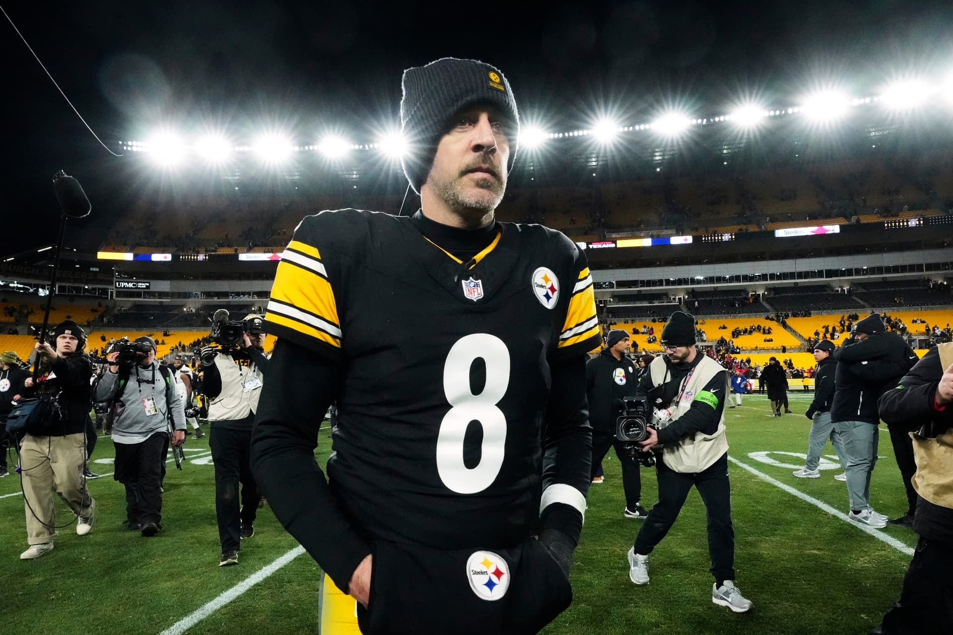 AP/Gene J. Puskar The Pittsburgh Steelers' quarterback, Aaron Rodgers, after an NFL wild-card playoff football game against the Houston Texans, January 12, 2026, at Pittsburgh.