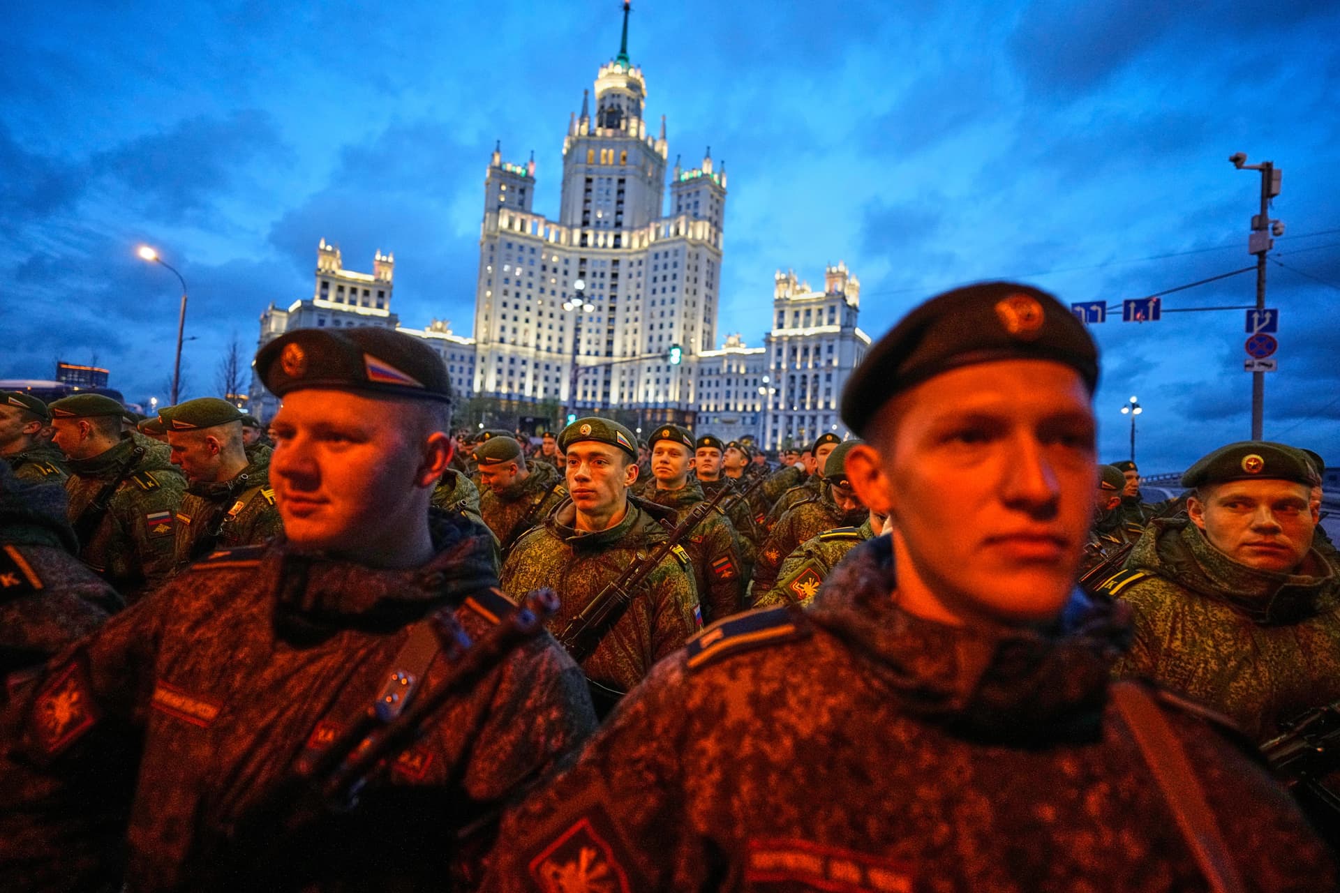 AP/Alexander Zemlianichenko Russian servicemen prepare to march towards Red Square prior to the Victory Day military parade rehearsal at Moscow, April 29, 2026.