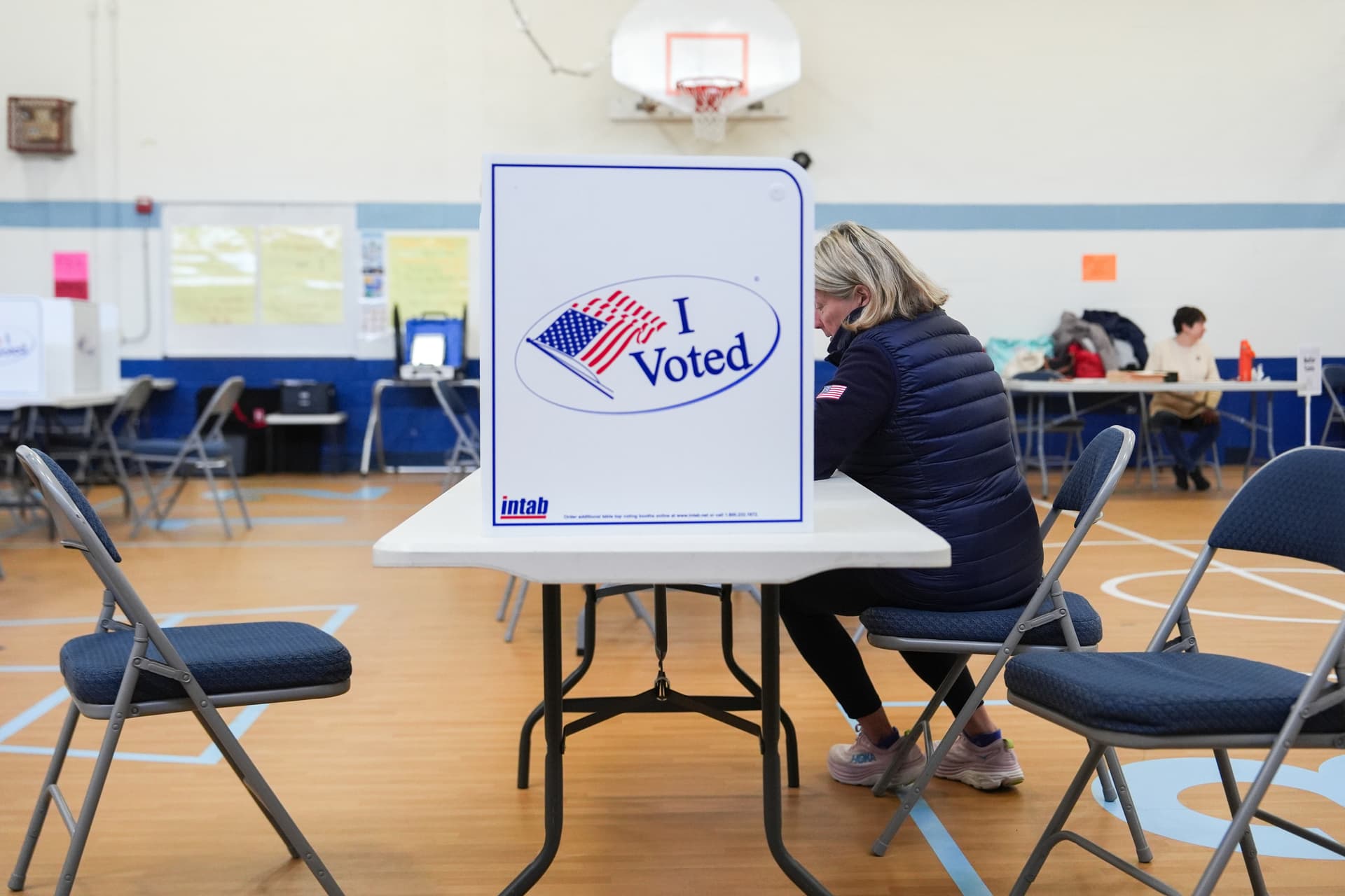 AP/Julia Demaree Nikhinson Voting in the Virginia redistricting referendum at Alexandria's Lyles-Crouch Traditional Academy, April 21, 2026.