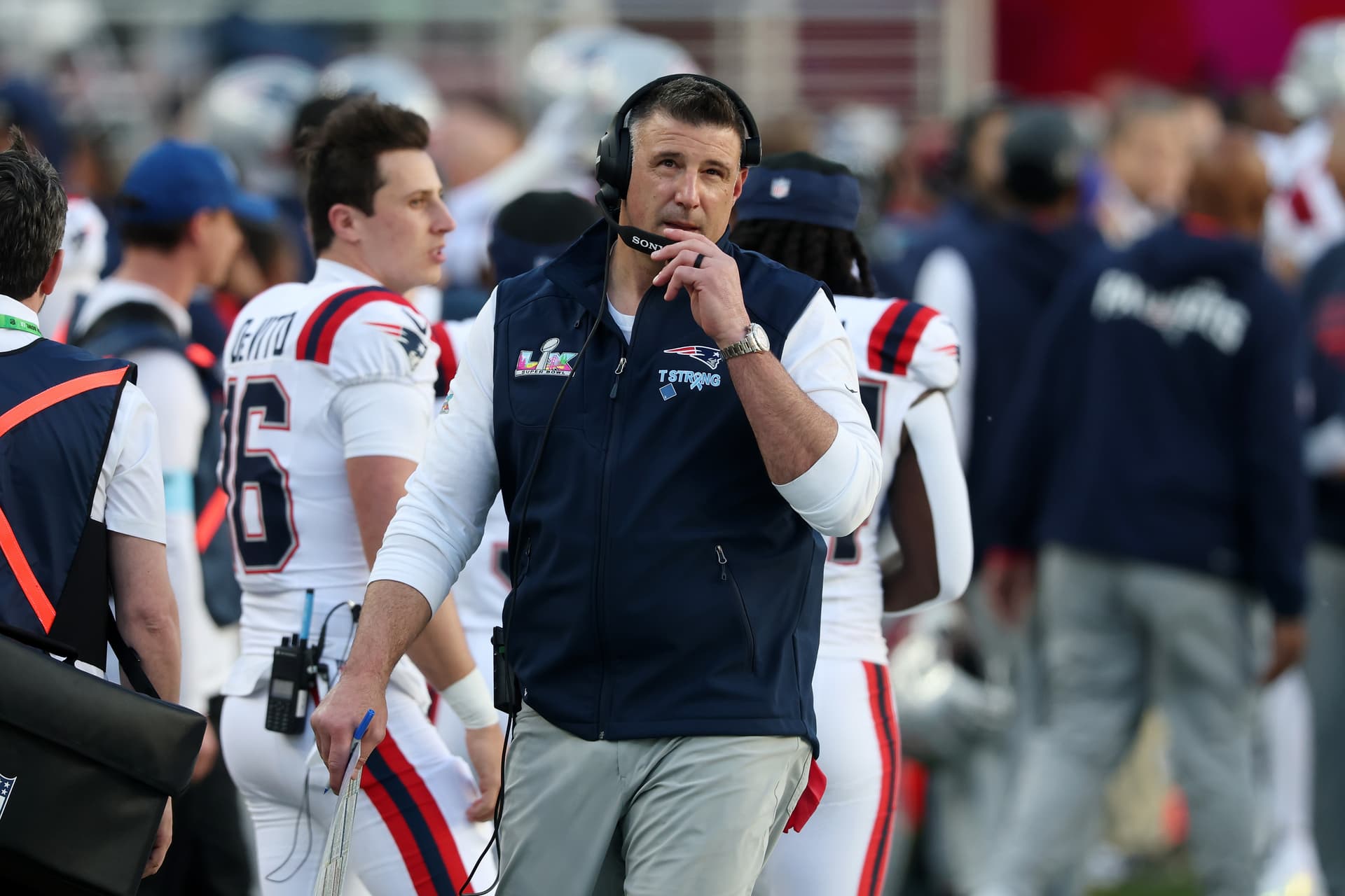 Chris Graythen/Getty Images Head coach Mike Vrabel of the New England Patriots looks on during Super Bowl LX against the Seattle Seahawks at Levi's Stadium on February 8, 2026 in Santa Clara, California.