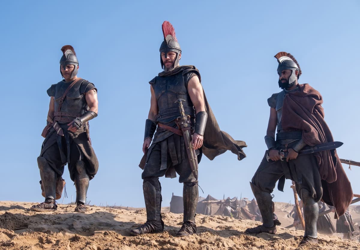 Melinda Sue Gordon/ Associated Press Jimmy Gonzales as Cepheus, Matt Damon as Odysseus and Himesh Patel as Eurylochus in 'The Odyssey.'