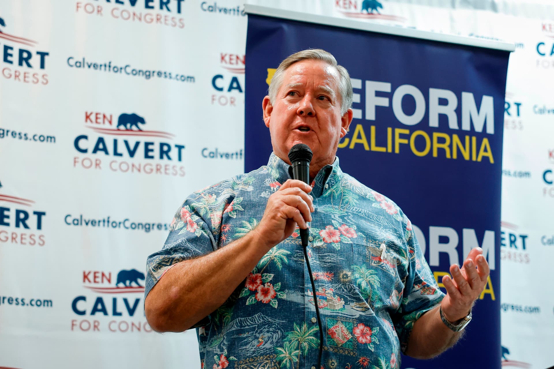 AP Photo/Caroline Brehman Rep. Ken Calvert, battling another incumbent House Republican in an open primary on June 2, speaks at a "Barbeque, Beer, and Ballots" event organized by Reform California on May 9, 2026, at Corona, Calif.