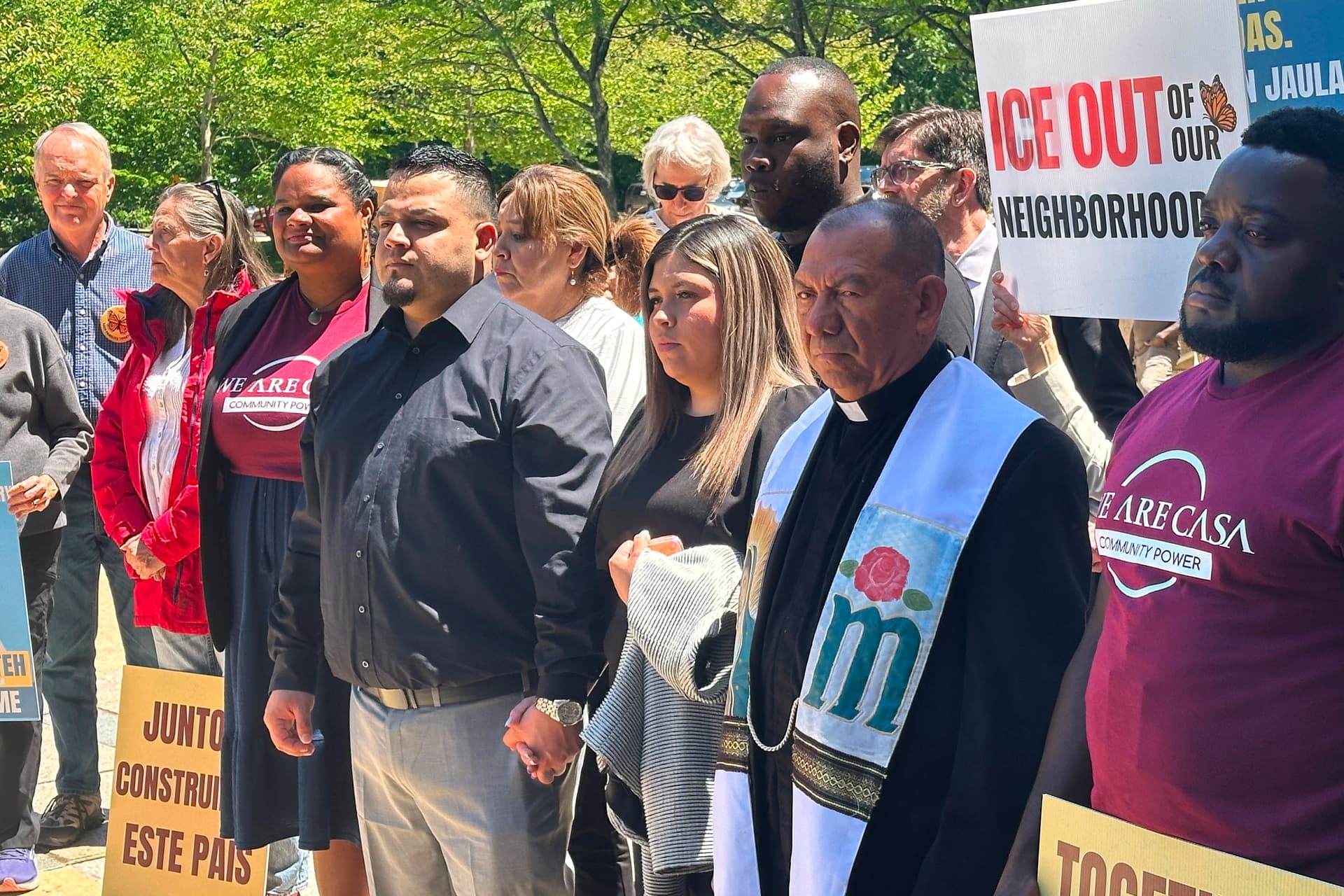 Michael Kunzelman/AP Kilmar Abrego Garcia and his wife hold hands as people rally in support of him outside federal court after a hearing in his case at Greenbelt, Maryland, on May 12, 2026.