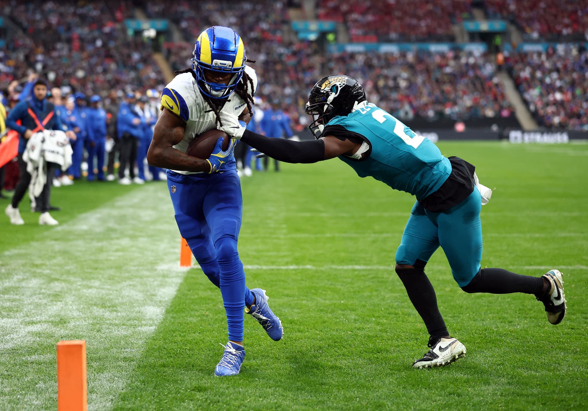 Dan Istitene/Getty Images Davante Adams of the Los Angeles Rams catches a touchdown pass against the Jacksonville Jaguars at London’s Wembley Stadium on October 19, 2025.