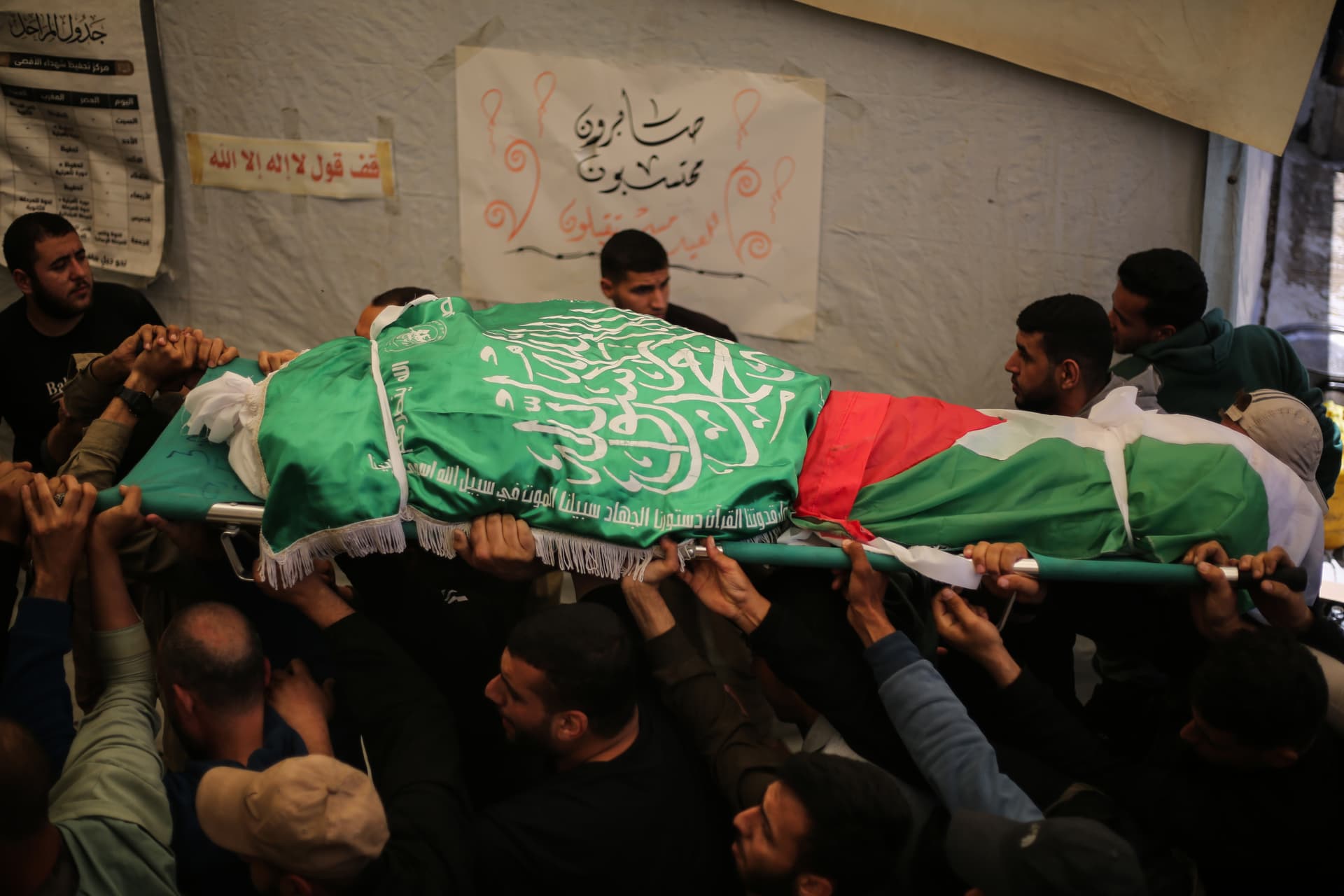 Ahmad Hasaballah/Getty Images A funeral is held for Izz ad-Din al-Haddad, commander of Hamas's military wing, and his wife and daughter at the Al-Aqsa Martyrs Mosque at Gaza City on May 16, 2026.