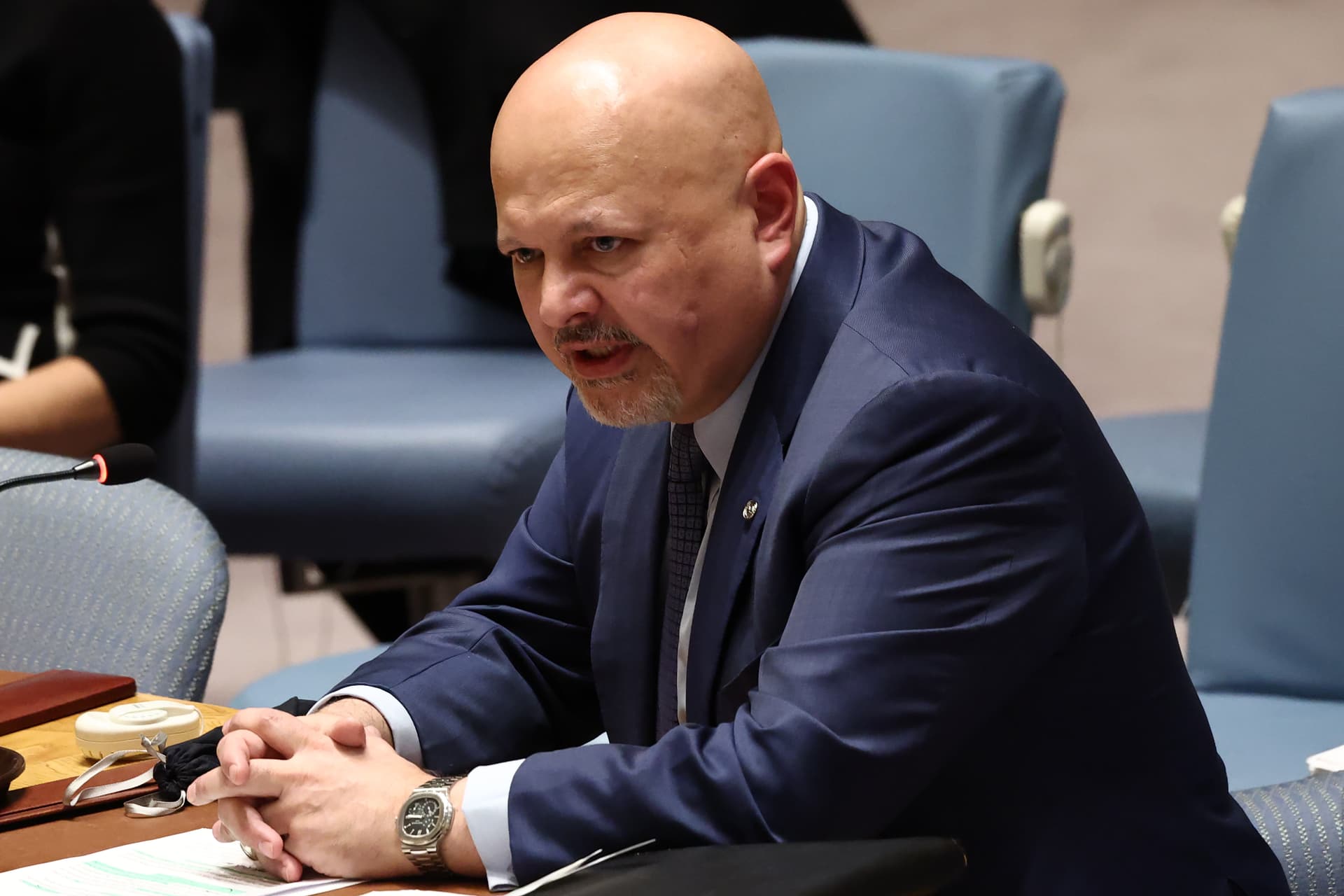 Michael M. Santiago/Getty Images The ICC’s top prosecutor, Karim Khan, attends a UN Security Council meeting at New York on January 27, 2025.