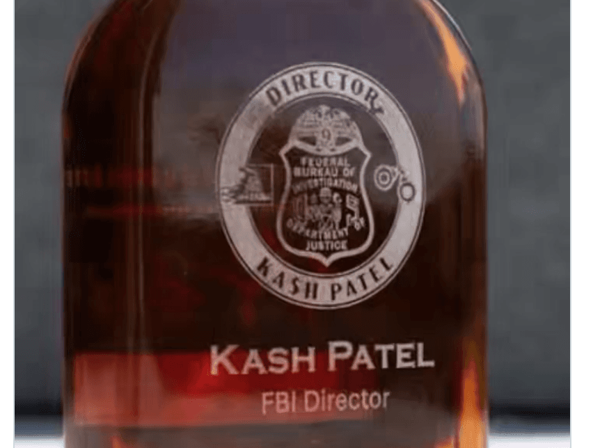 Via X The Atlantic reports that the FBI director, Kash Patel, has gifted employees with personalized bottles of whiskey bearing his name and title.