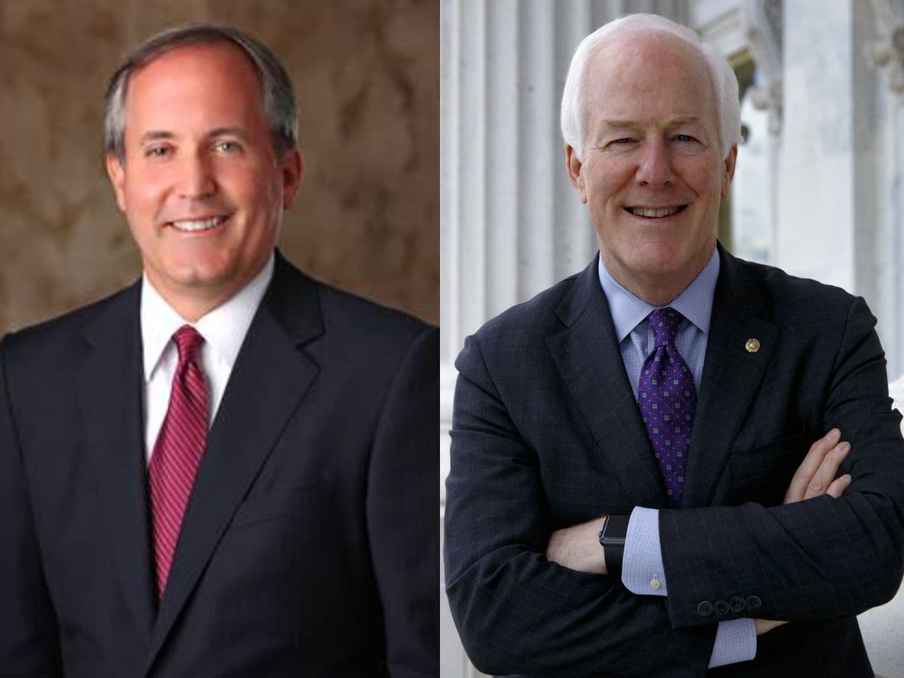 Official portraits Ken Paxton, left, and John Cornyn are facing off in a Republican primary runoff for Texas's U.S. Senate seat.