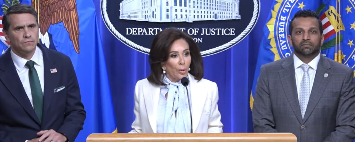 Justice.gov via YouTube A screengrab from the press conference in which Acting Attorney General Todd Blanche, FBI Director Kash Patel, and U.S. Attorney Jeanine Pirro announced federal charges on April 27, 2026, against the alleged gunman at the White House Correspondents Dinner.