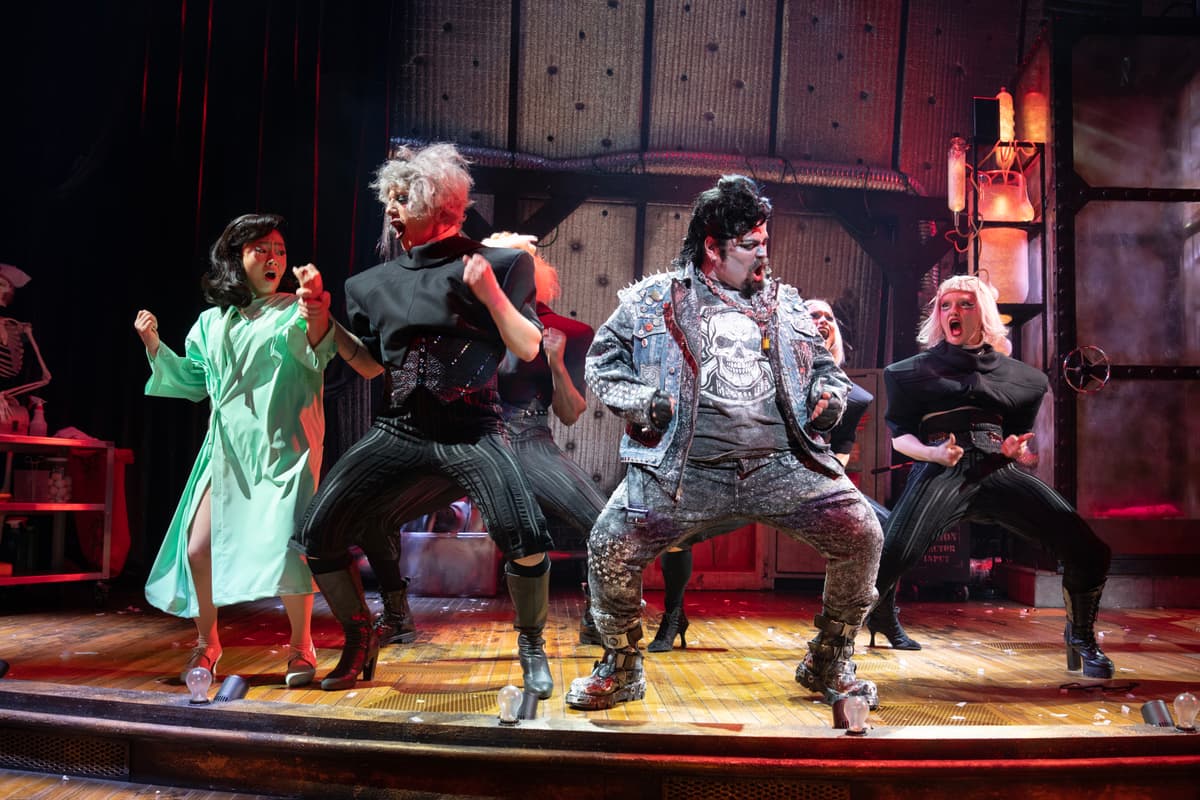 Joan Marcus Stephanie Hsu, Paul Soileau, Harvey Guillén, Caleb Quezon, and Larkin Reilly in 'The Rocky Horror Show.'