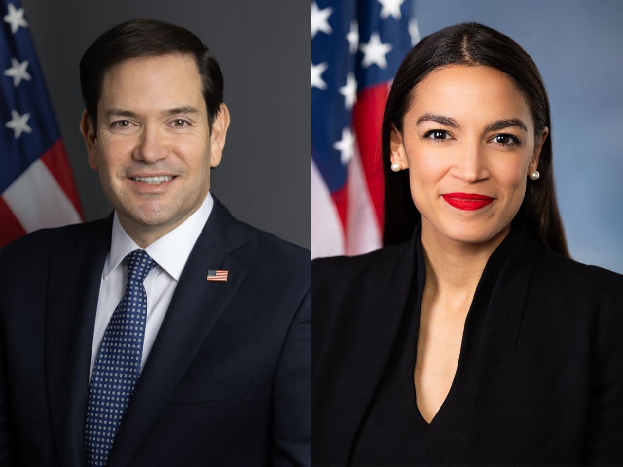 Official portraits Secretary of State Marco Rubio, left, and Congresswoman Alexandrio Ocasio Cortez of New York.