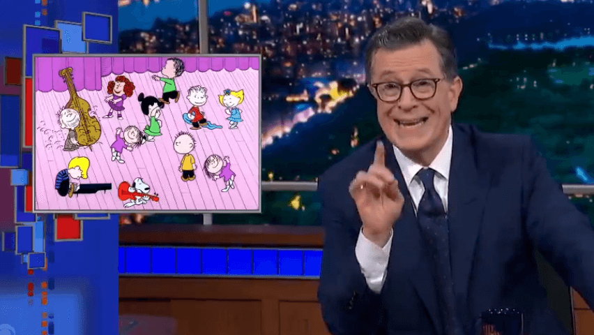 Via The Late Show Colbert took a shot at CBS by having his band play 'Linus and Lucy' music from The Peanuts. “Is the band right now playing the same ‘Peanuts’ music that I just said people are getting sued for using without permission? … Oh no, I hope this doesn’t cost CBS any money.'