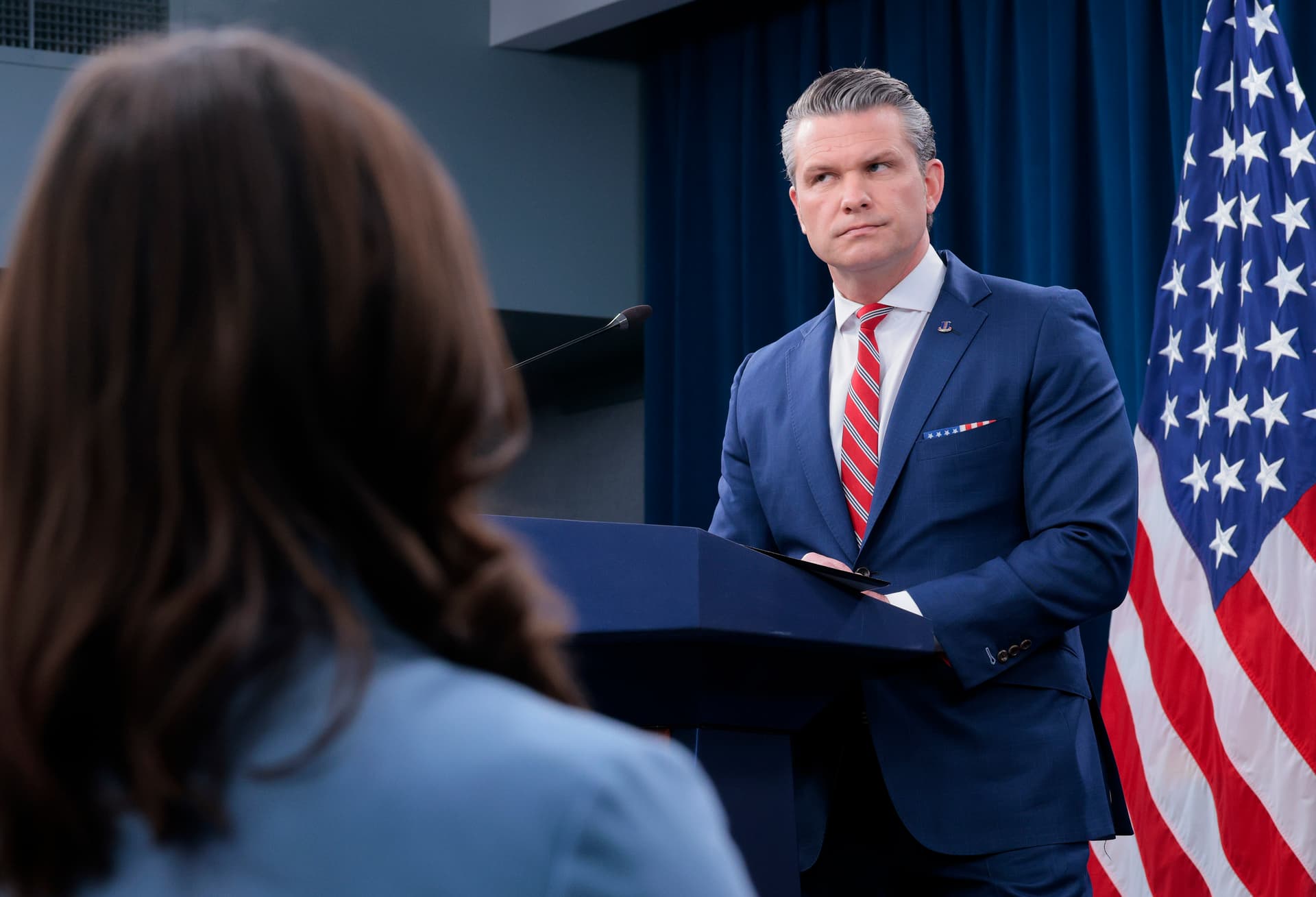 Chip Somodevilla/Getty Images Secretary of Defense Pete Hegseth looks on during a press briefing at the Pentagon on May 5, 2026 in Arlington, Virginia.