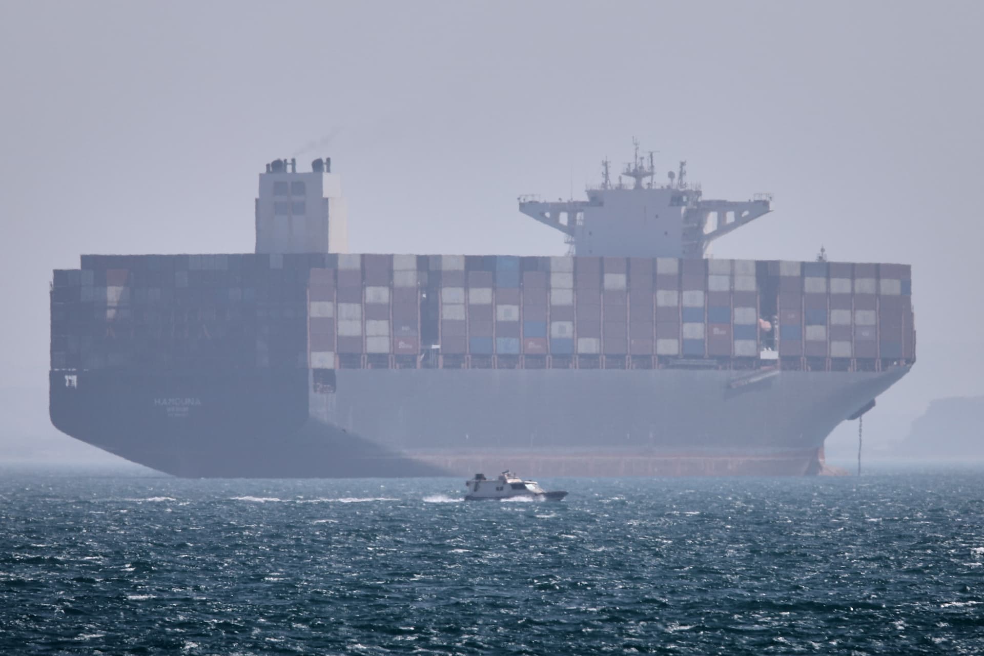 Amirhosein Khorgooi/ISNA via AP A container ship sits at anchor in the Strait of Hormuz off Bandar Abbas, Iran, May 2, 2026.