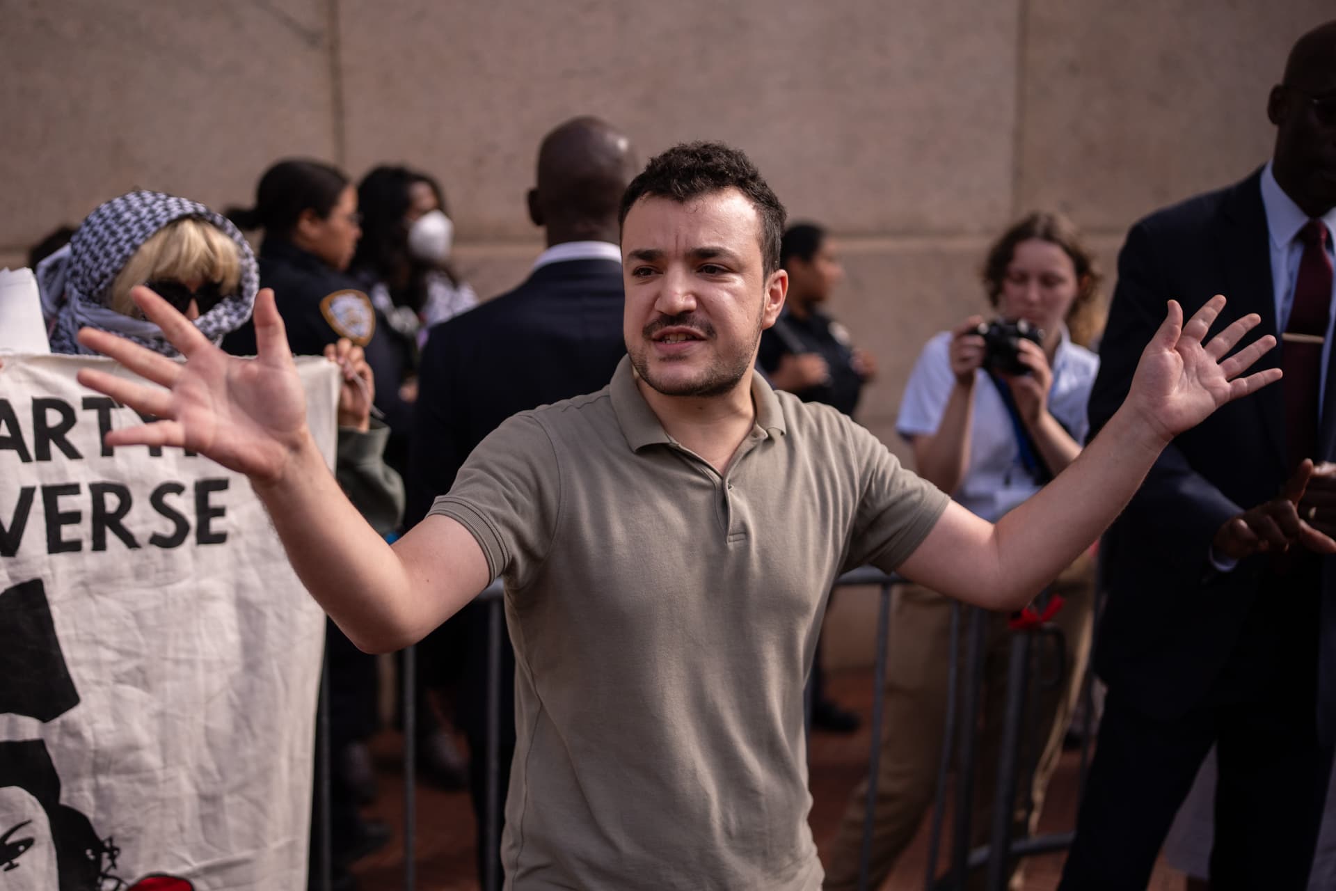 Adam Gray/Getty Images Mahmoud Khalil attends a vigil and protest for Palestine outside of Columbia University on October 7, 2025.