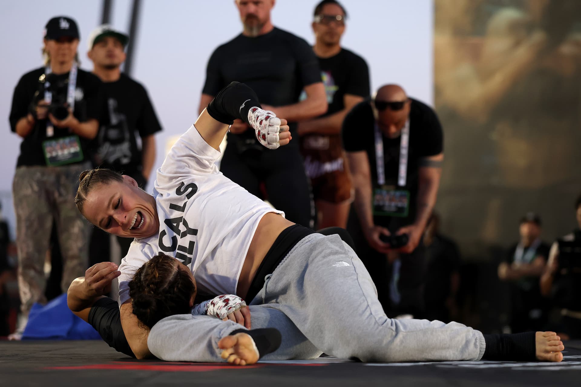 Sarah Stier/Getty Images Ronda Rousey participates in training during the Open Workout for Netflix's Ronda Rousey vs. Gina Carano at Venice Beach on May 13, 2026 in Venice, California.