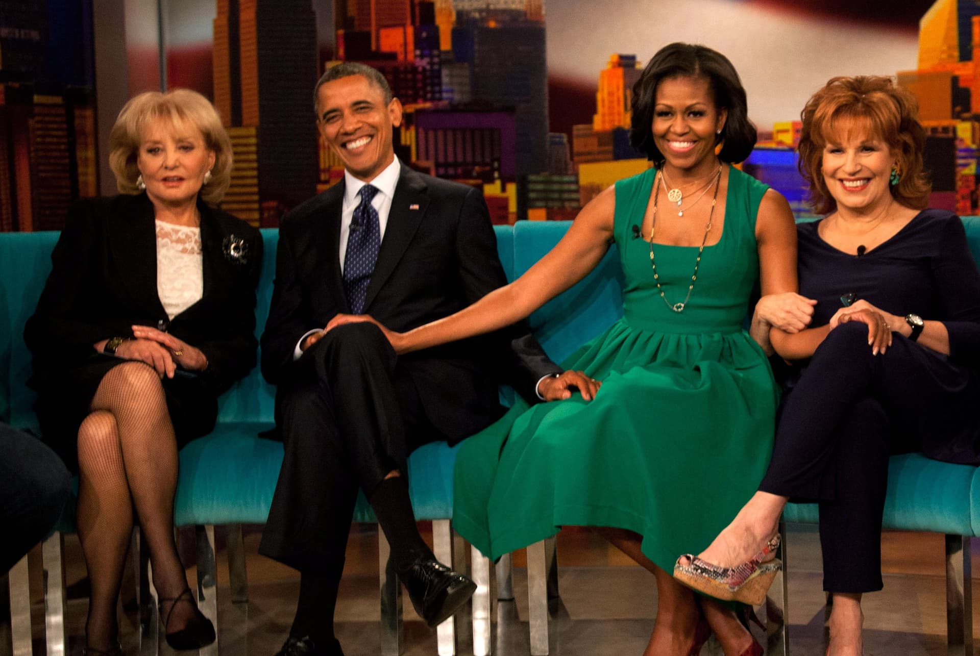 Allan Tannenbaum-pool/Getty Images Barbara Walters, President Obama, first lady Michelle Obama, and Joy Behar on the set of 'The View' on ABC-TV, September 24, 2012 at New York City.