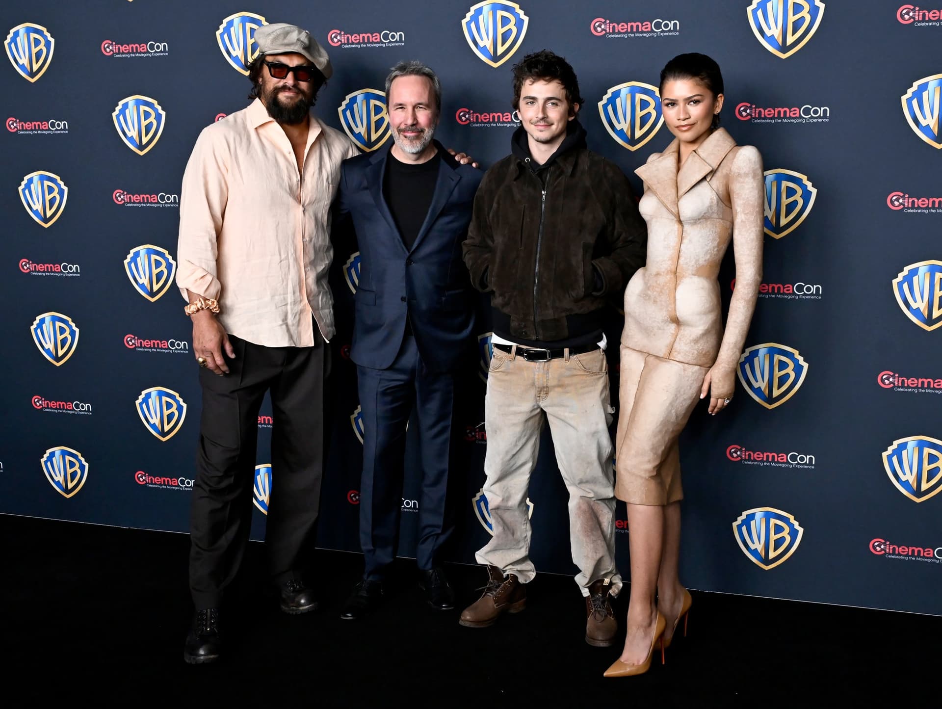 Getty Images for CinemaCon Jason Momoa, Denis Villeneuve, Timothée Chalamet and Zendaya at CinemaCon 2026.