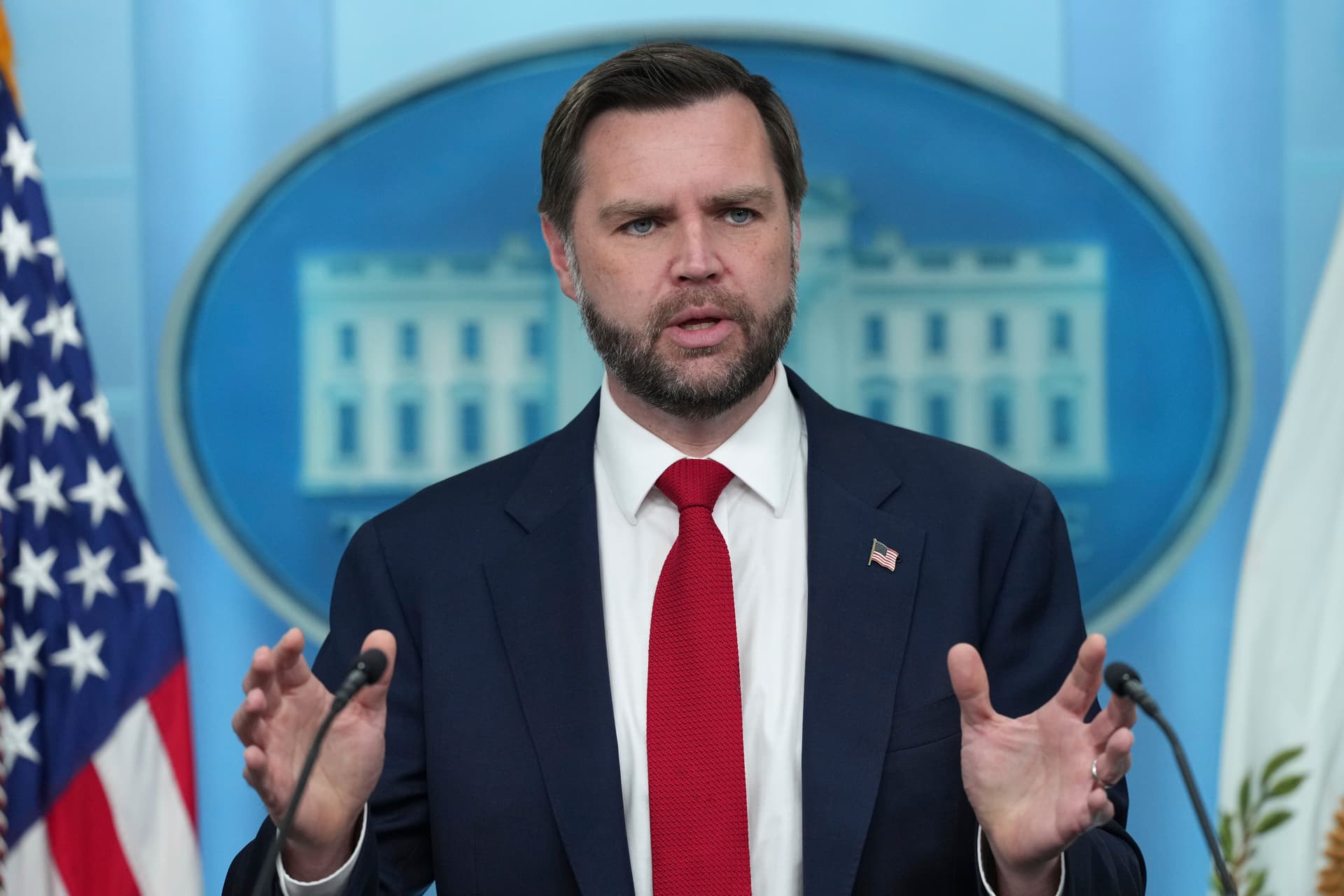 AP Photo/Jacquelyn Martin Vice President Vance speaks to reporters in the James Brady Press Briefing Room at the White House, June 18, 2026, at Washington.